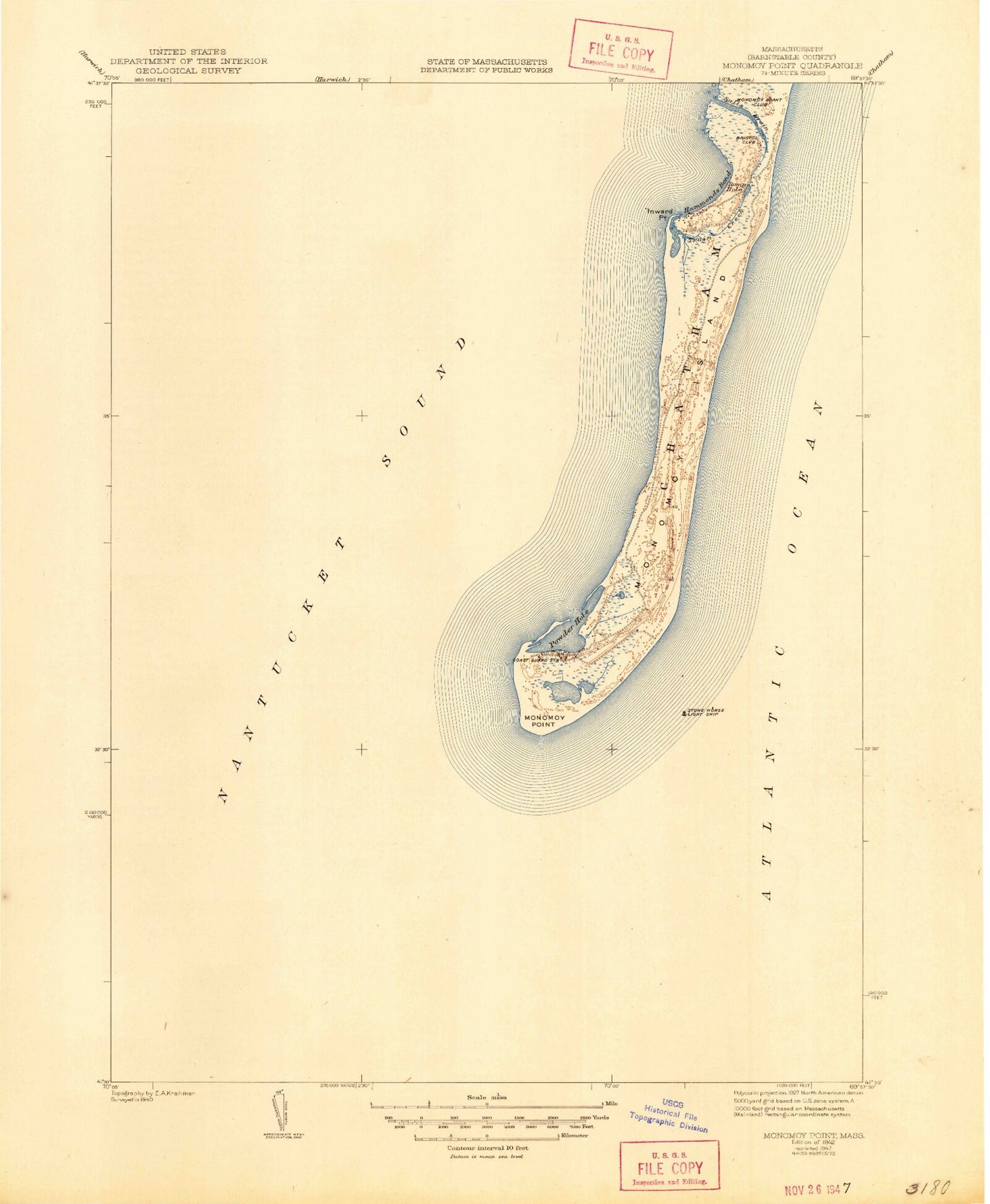 Classic USGS Monomoy Point Massachusetts 7.5'x7.5' Topo Map Image