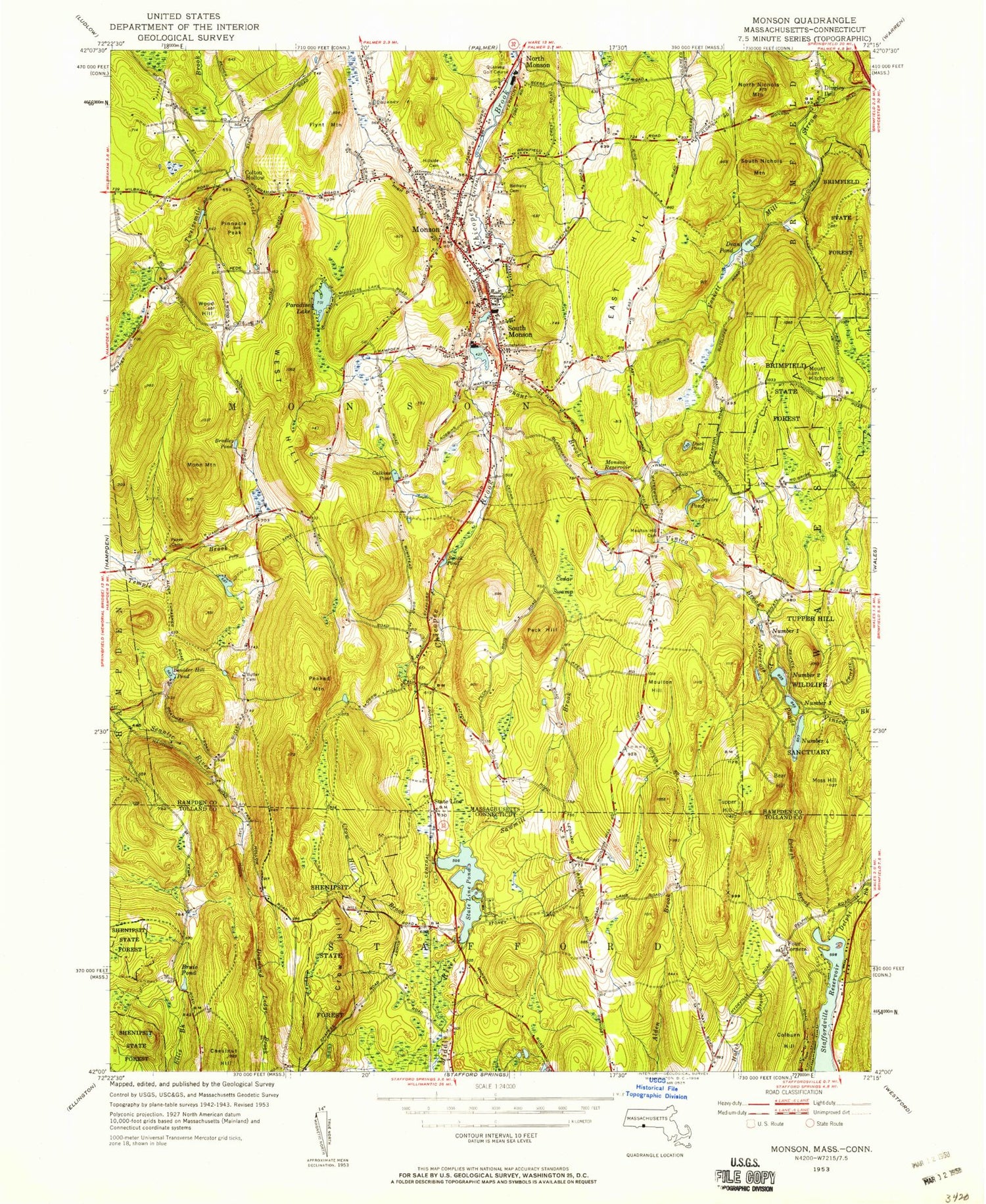 Classic USGS Monson Massachusetts 7.5'x7.5' Topo Map Image