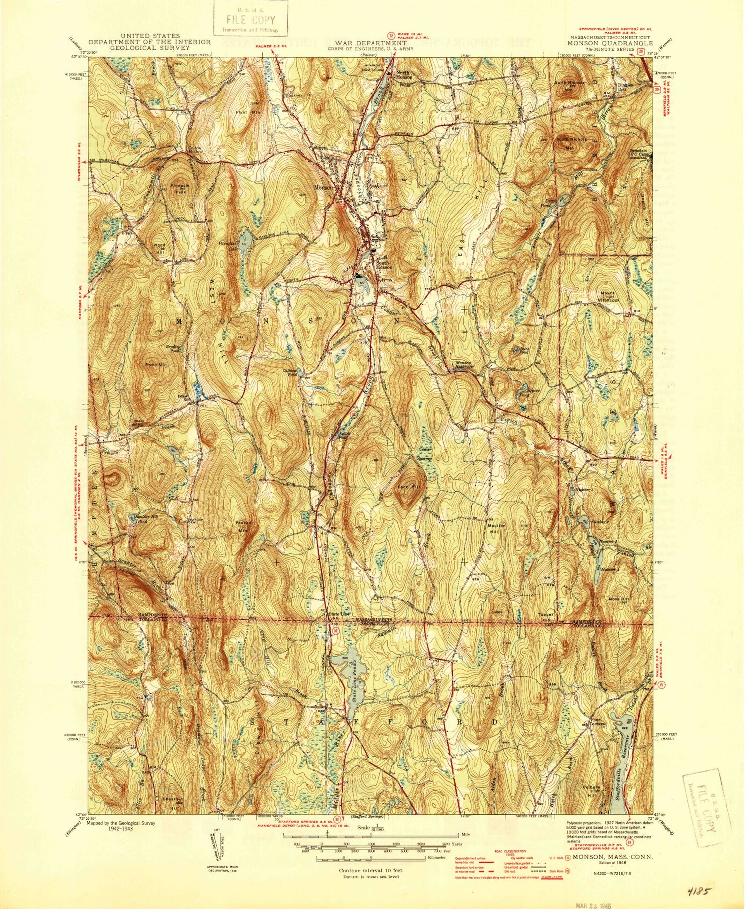 Classic USGS Monson Massachusetts 7.5'x7.5' Topo Map Image