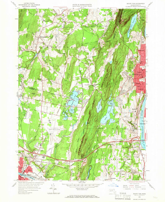 Classic USGS Mount Tom Massachusetts 7.5'x7.5' Topo Map Image