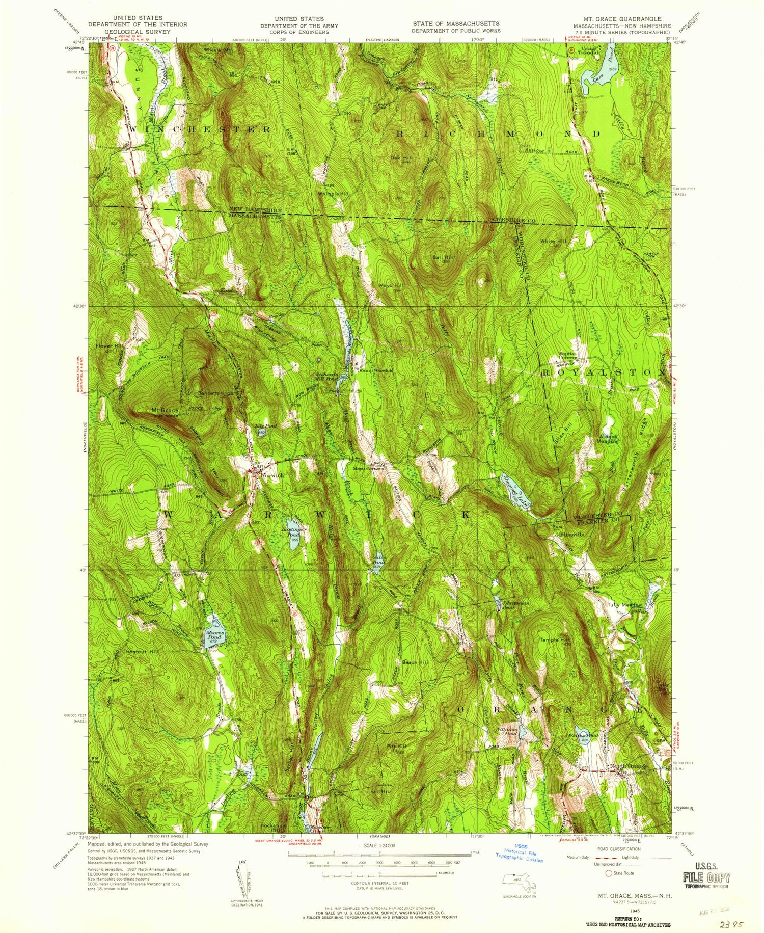 Classic USGS Mount Grace Massachusetts 7.5'x7.5' Topo Map Image