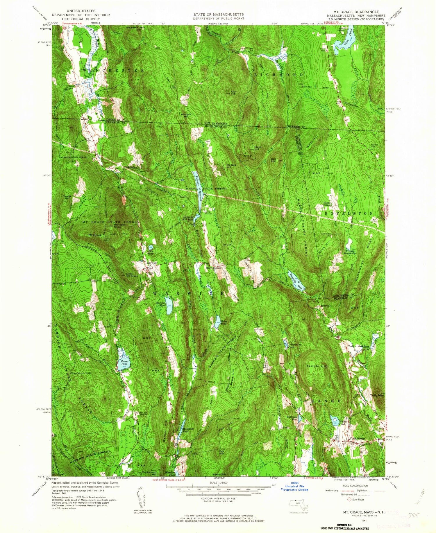 Classic USGS Mount Grace Massachusetts 7.5'x7.5' Topo Map Image