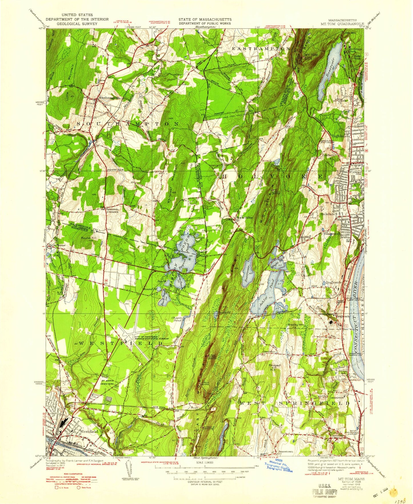 Classic USGS Mount Tom Massachusetts 7.5'x7.5' Topo Map Image