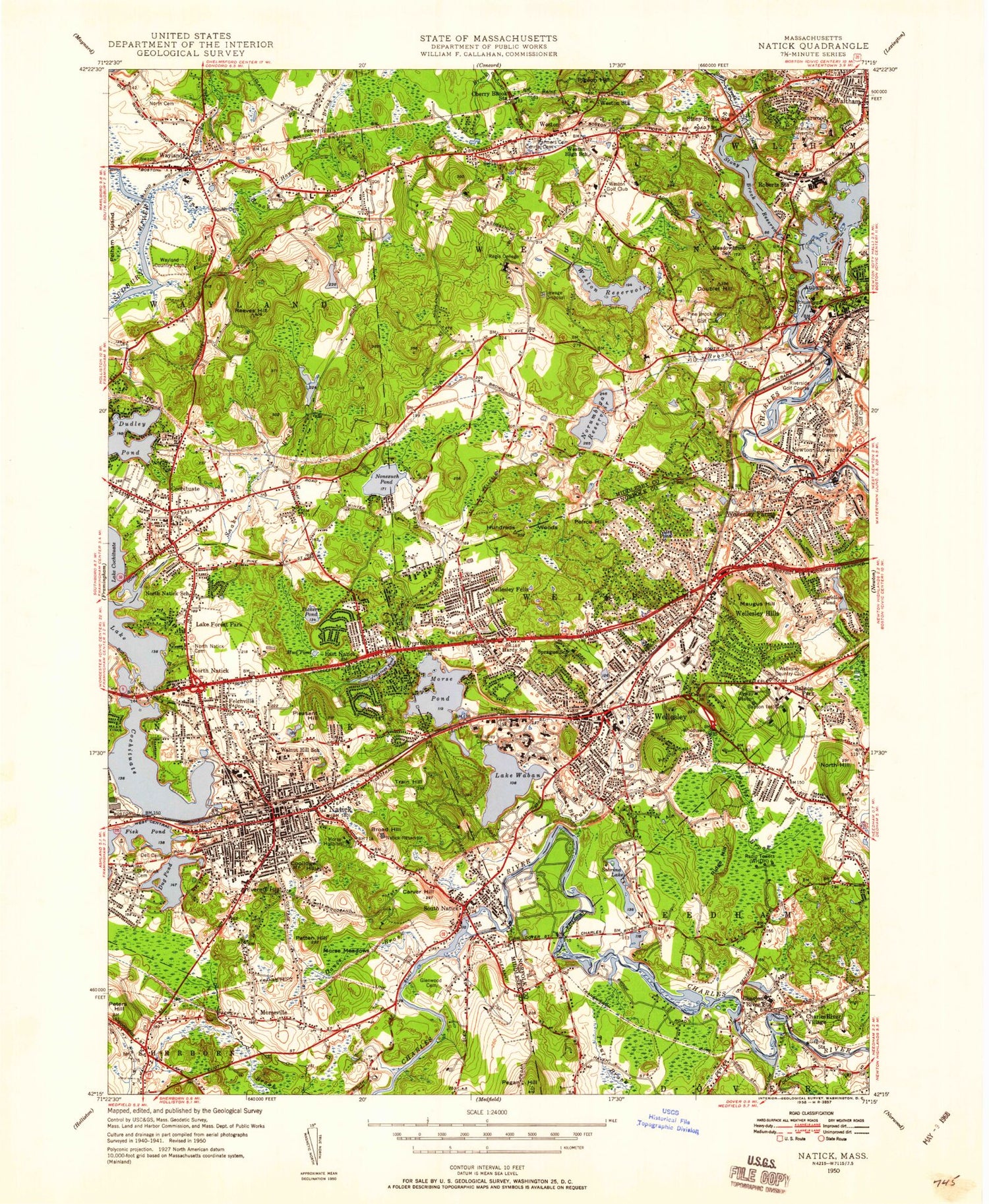 Classic USGS Natick Massachusetts 7.5'x7.5' Topo Map Image