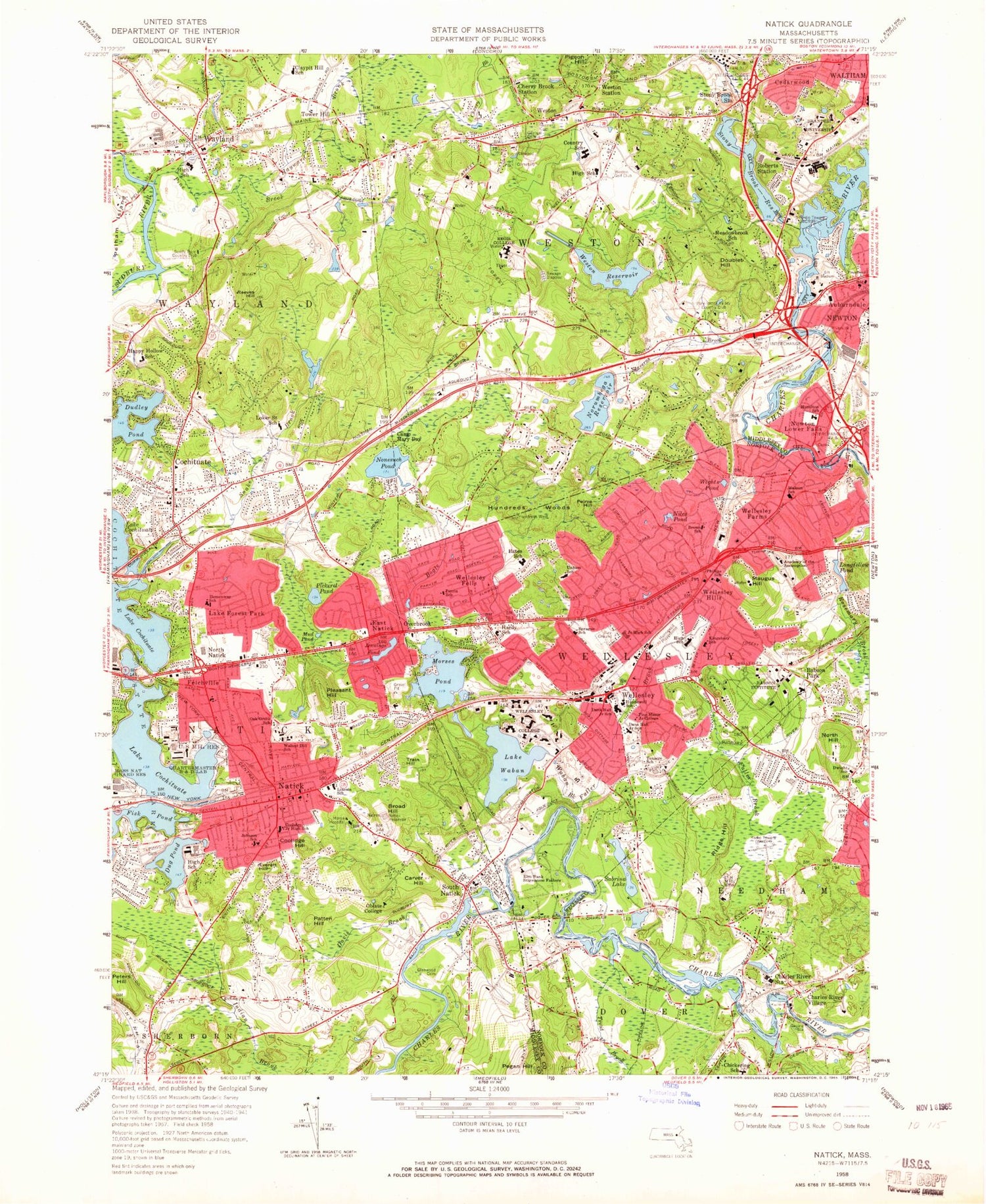 Classic USGS Natick Massachusetts 7.5'x7.5' Topo Map Image