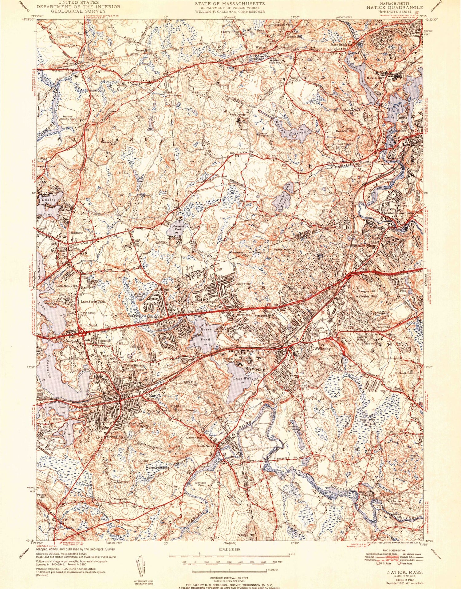 Classic USGS Natick Massachusetts 7.5'x7.5' Topo Map Image