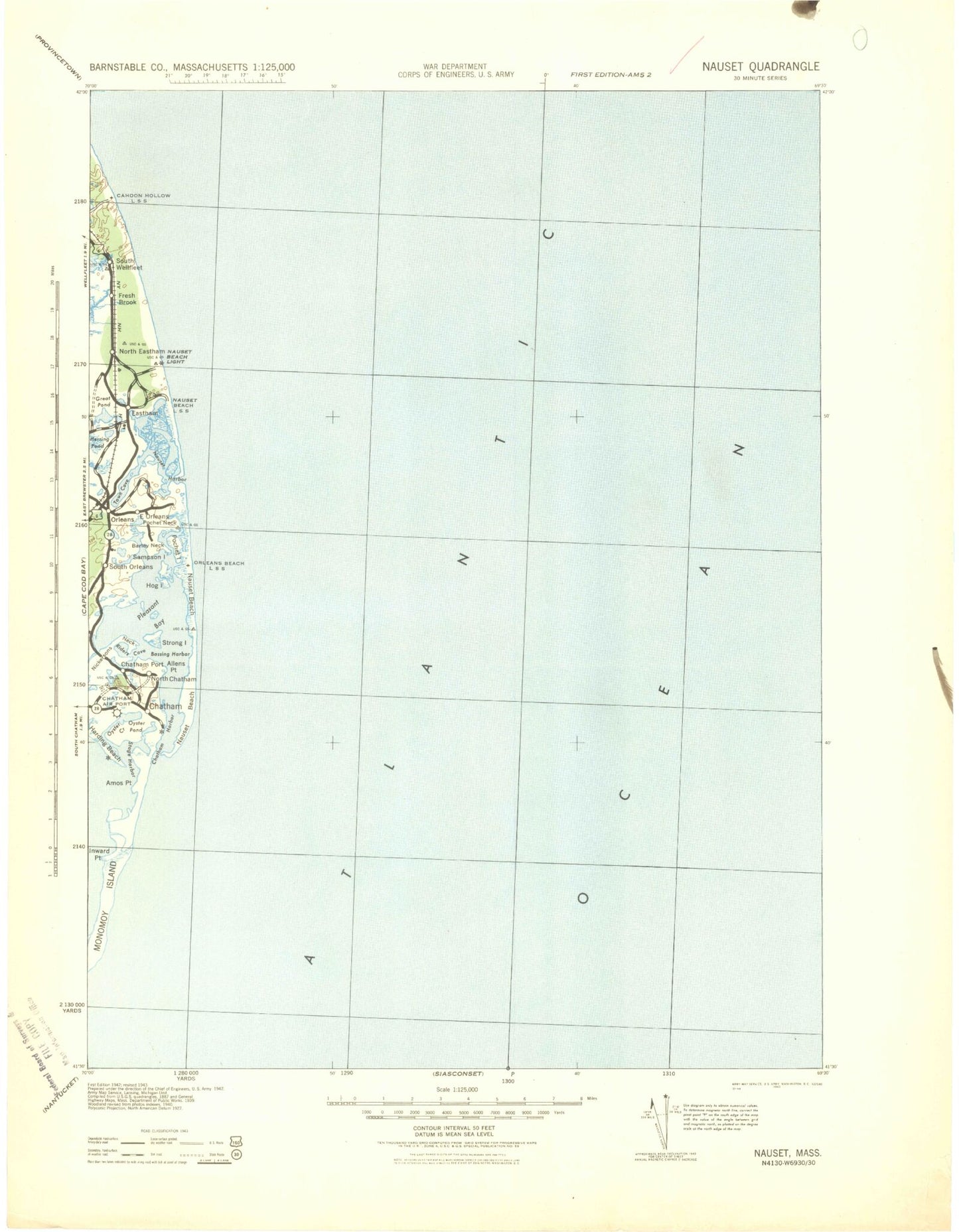 Historic 1942 Nauset Massachusetts 30'x30' Topo Map Image