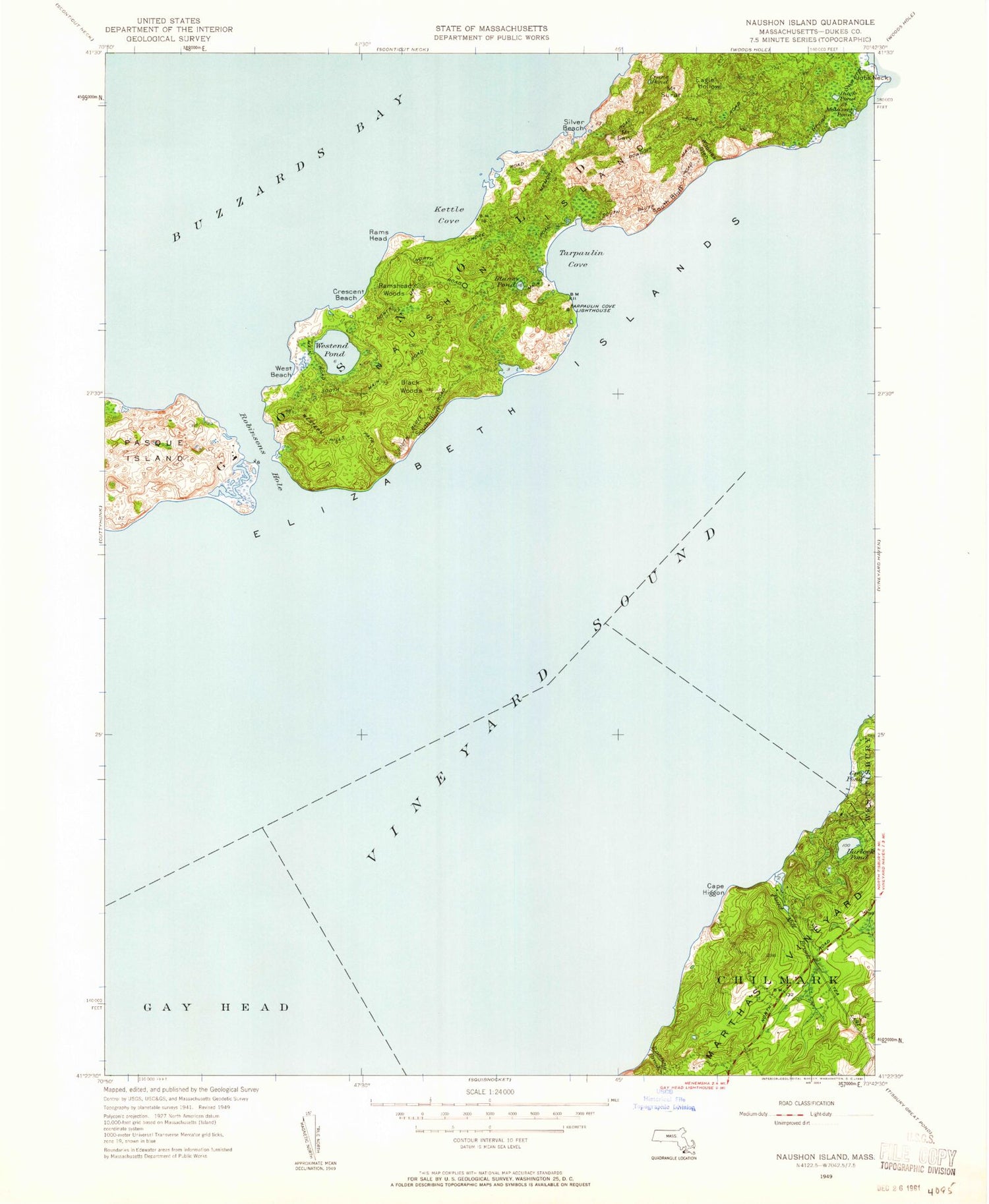 Classic USGS Naushon Island Massachusetts 7.5'x7.5' Topo Map Image