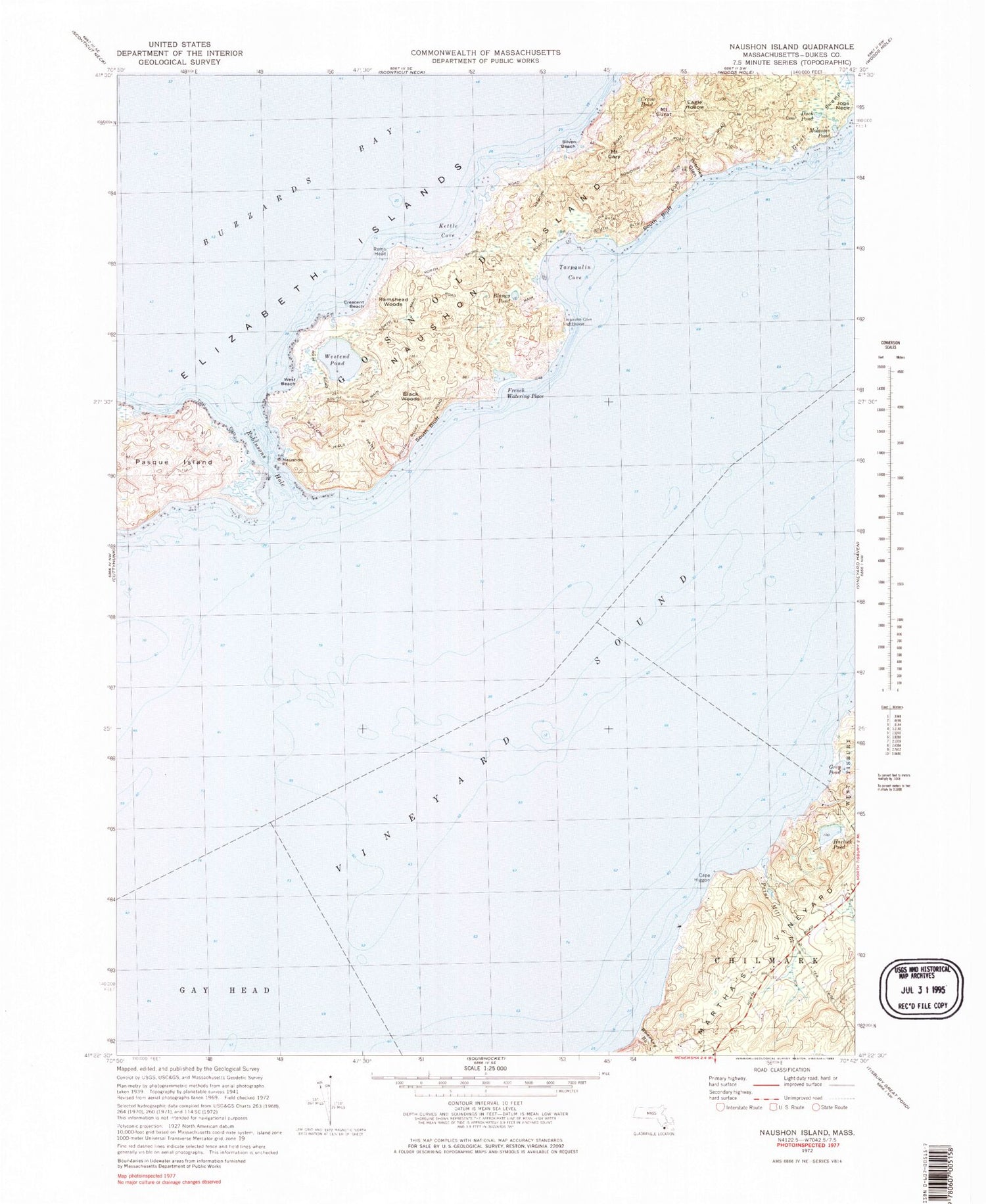 Classic USGS Naushon Island Massachusetts 7.5'x7.5' Topo Map Image