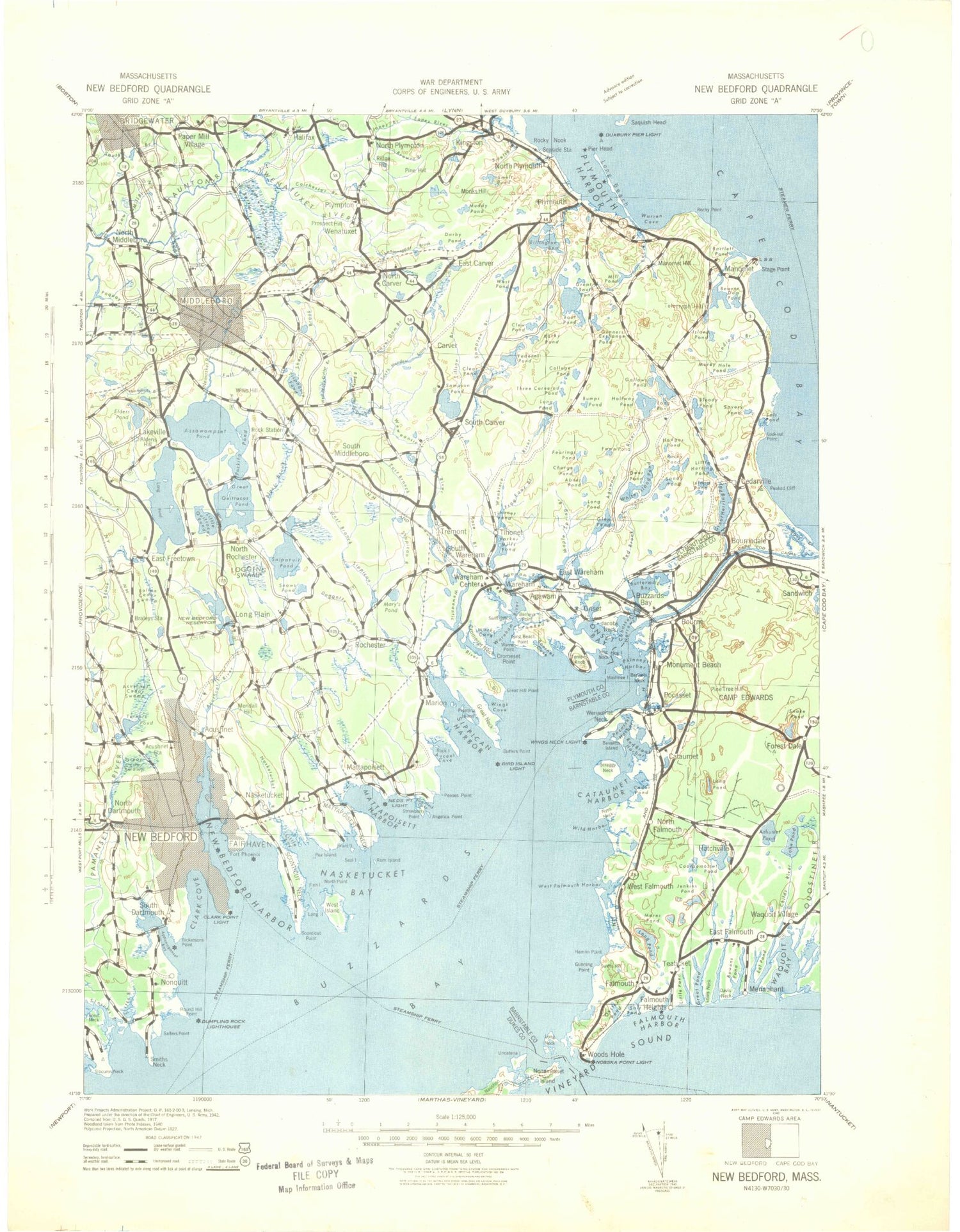 Historic 1942 New Bedford Massachusetts 30'x30' Topo Map Image