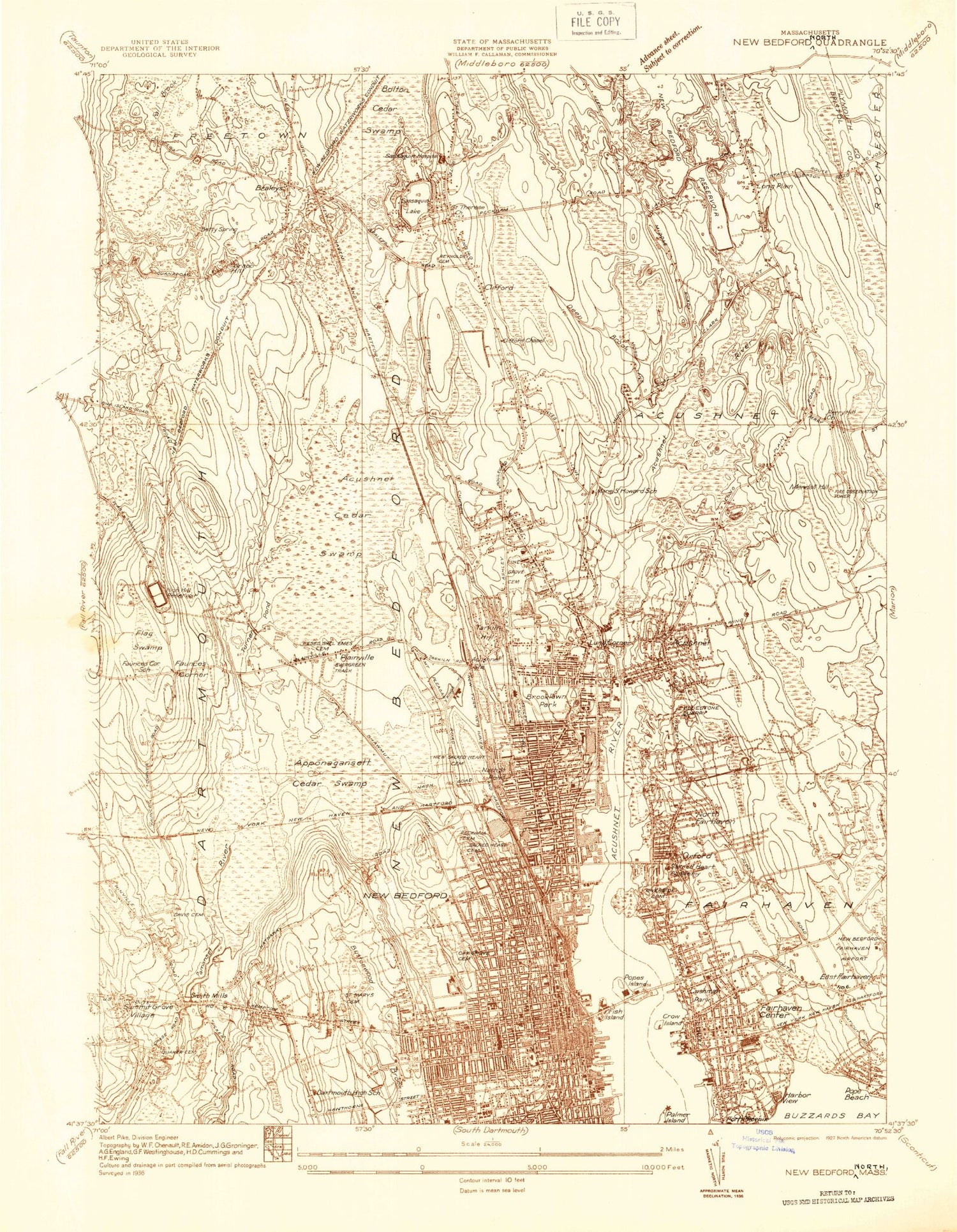 Classic USGS New Bedford North Massachusetts 7.5'x7.5' Topo Map Image