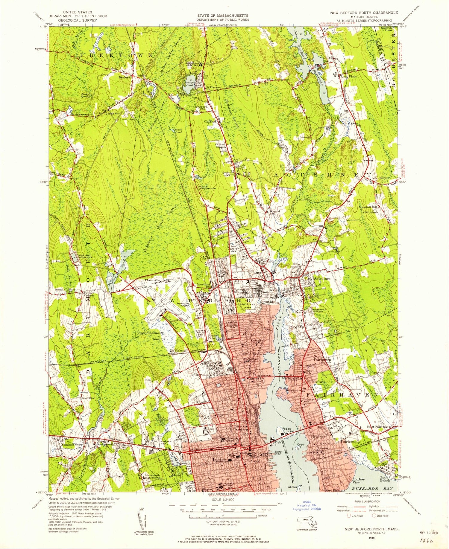 Classic USGS New Bedford North Massachusetts 7.5'x7.5' Topo Map Image