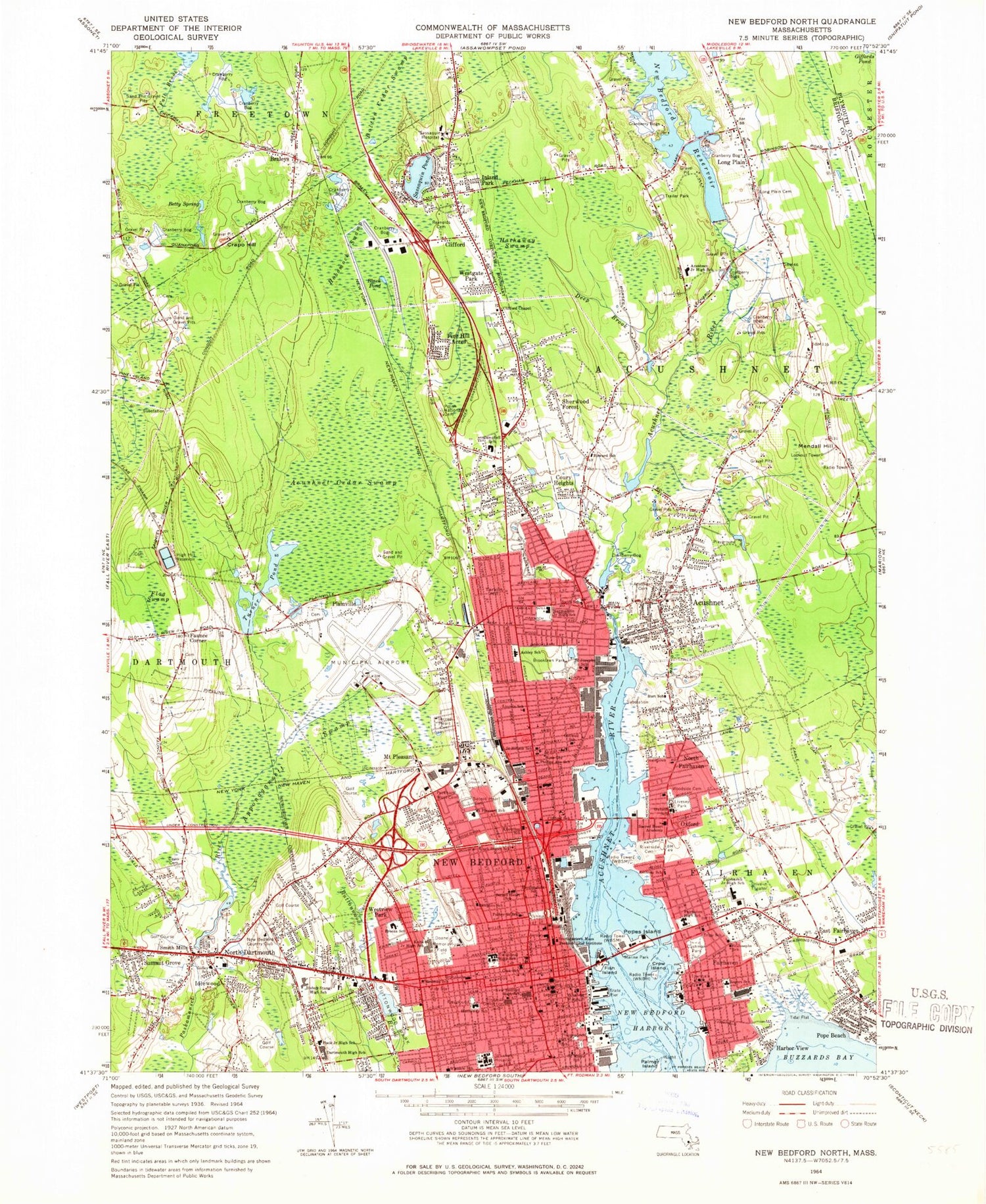 Classic USGS New Bedford North Massachusetts 7.5'x7.5' Topo Map Image