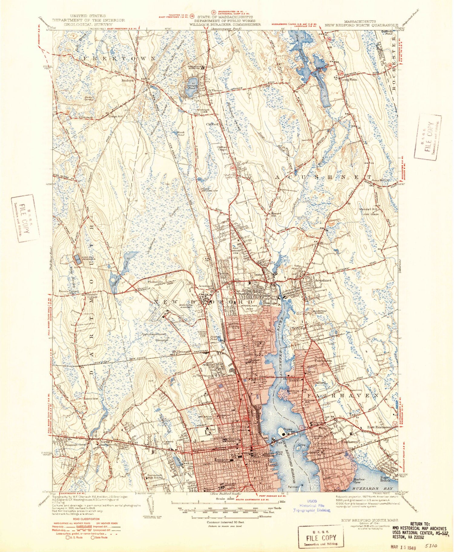 Classic USGS New Bedford North Massachusetts 7.5'x7.5' Topo Map Image