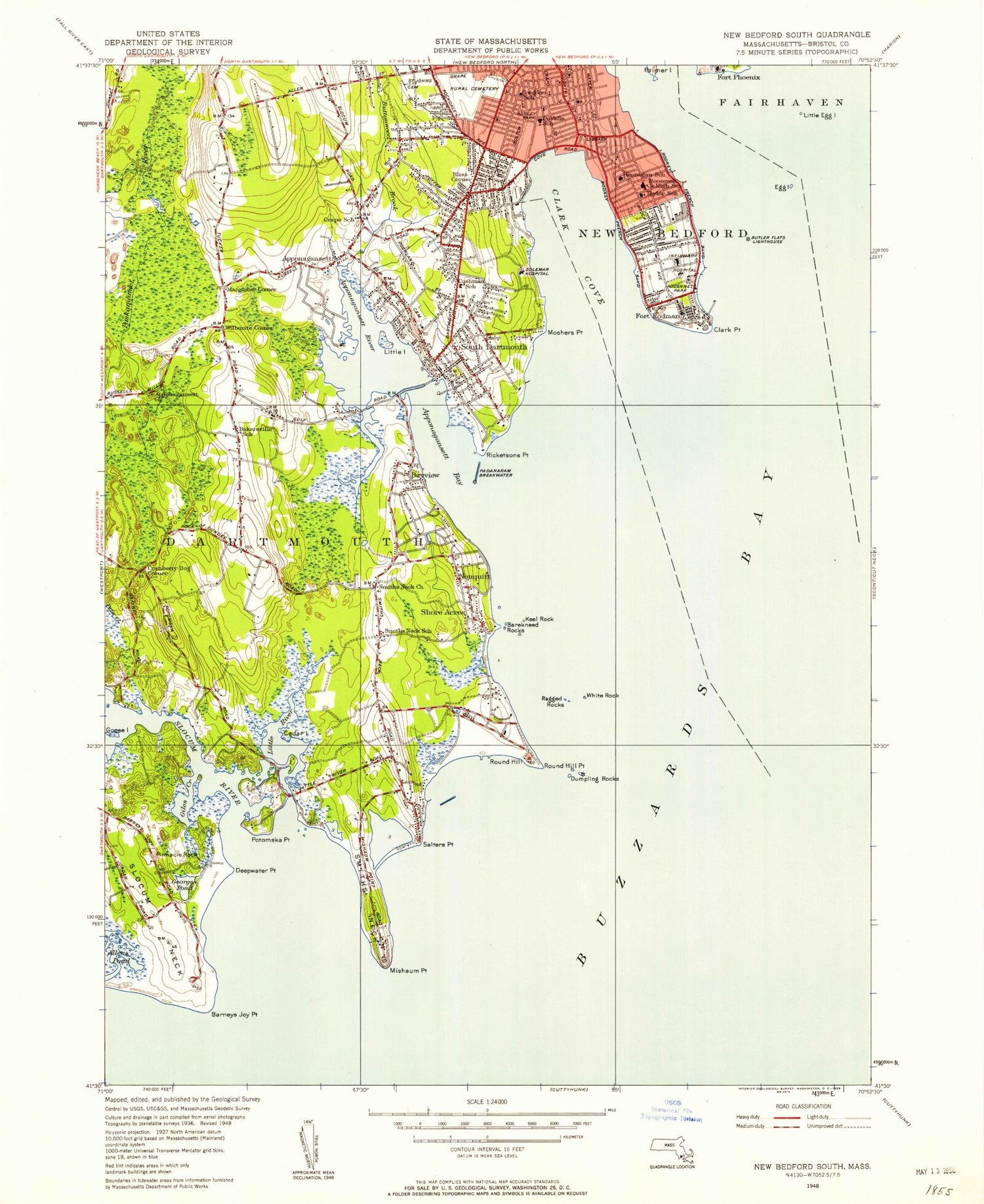 Classic USGS New Bedford South Massachusetts 7.5'x7.5' Topo Map Image
