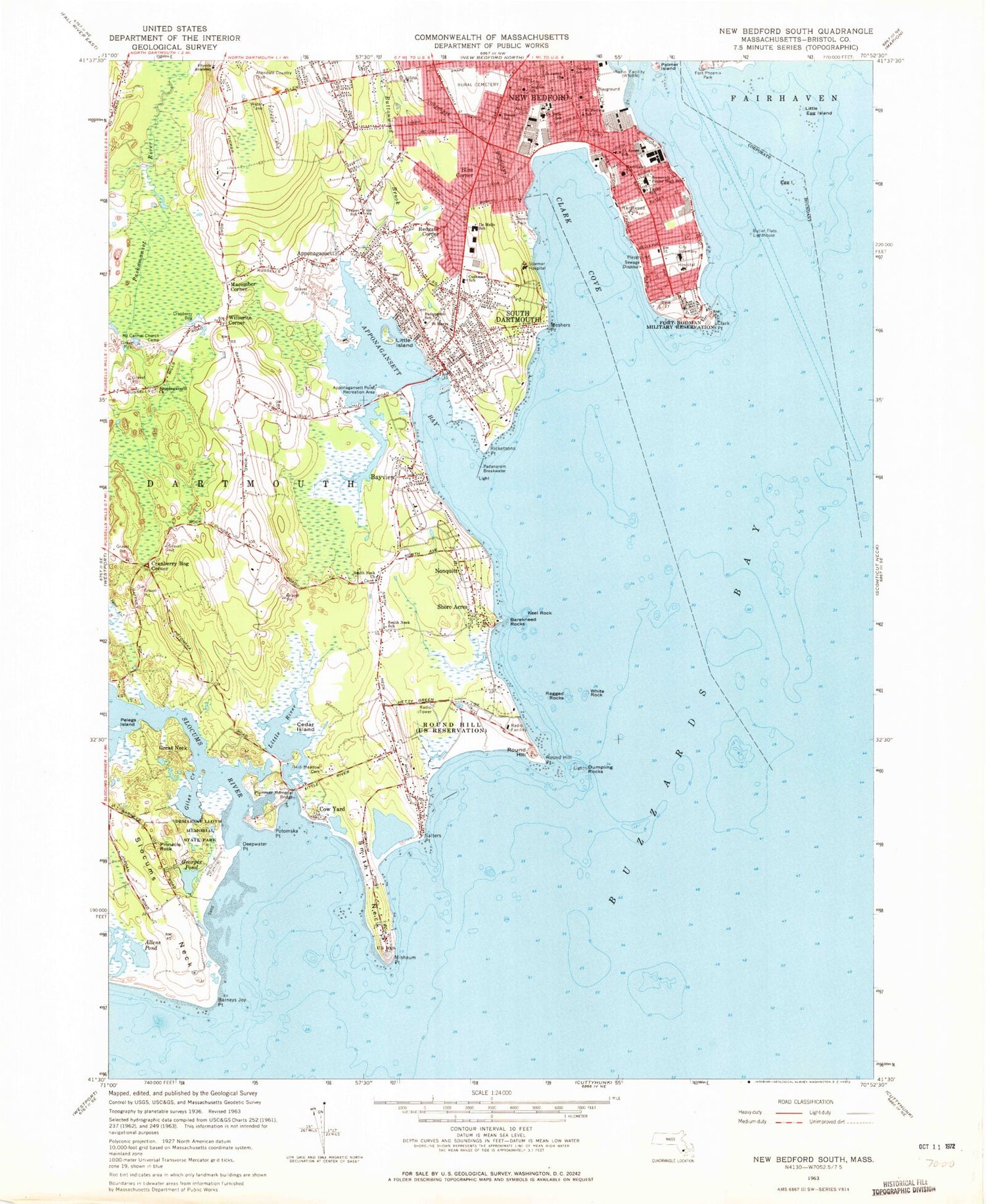 Classic USGS New Bedford South Massachusetts 7.5'x7.5' Topo Map Image