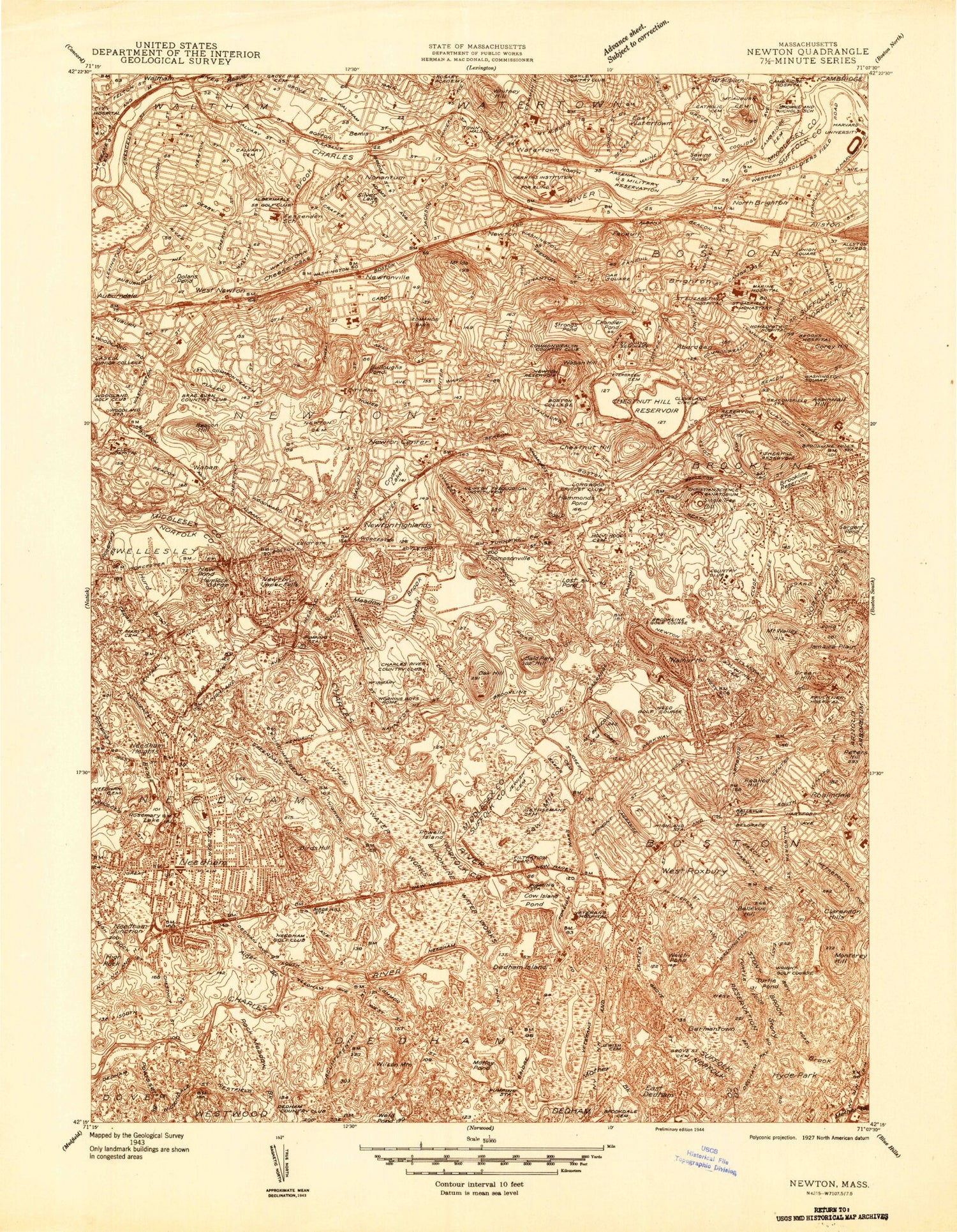 Classic USGS Newton Massachusetts 7.5'x7.5' Topo Map Image