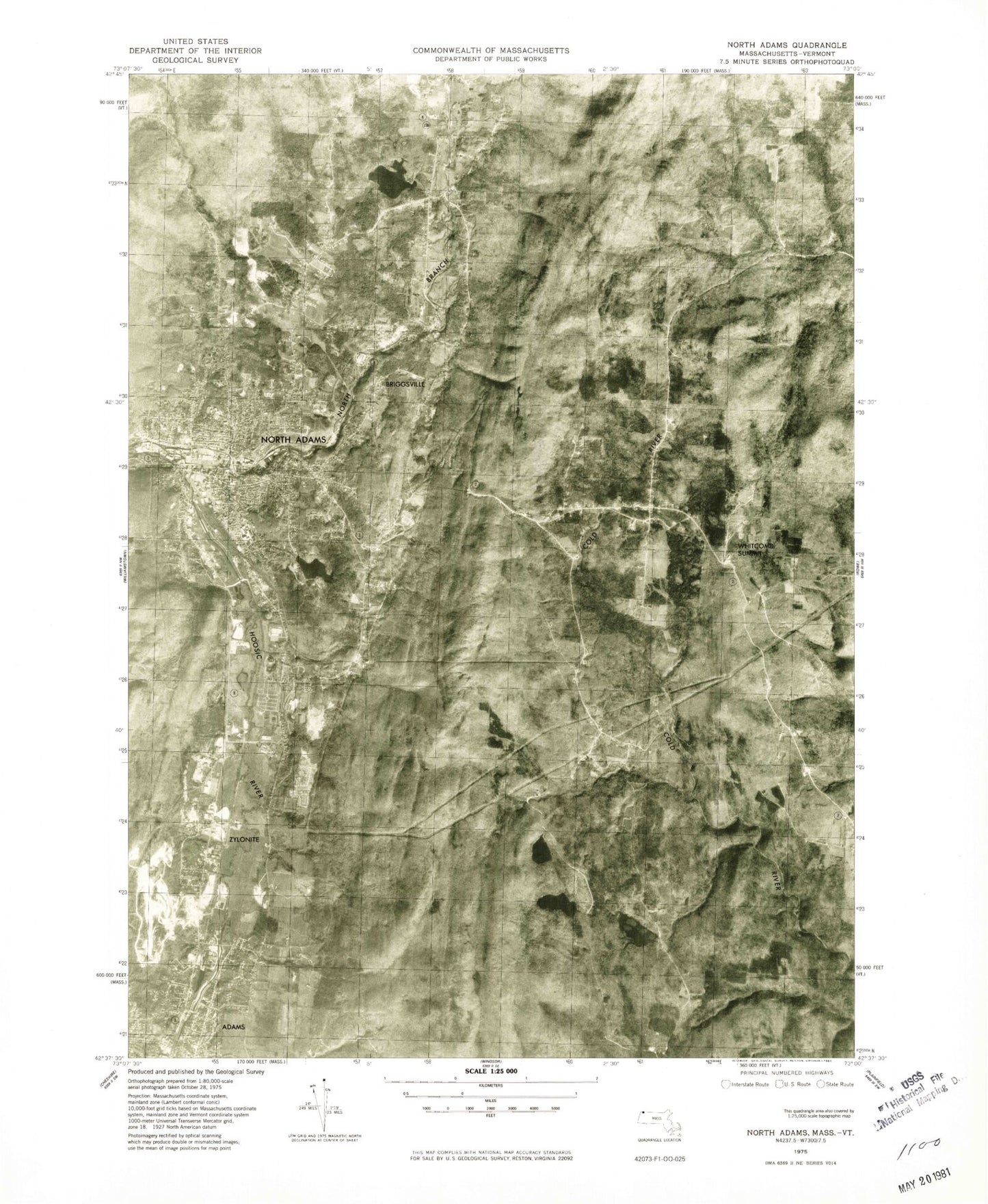 Classic USGS North Adams Massachusetts 7.5'x7.5' Topo Map Image