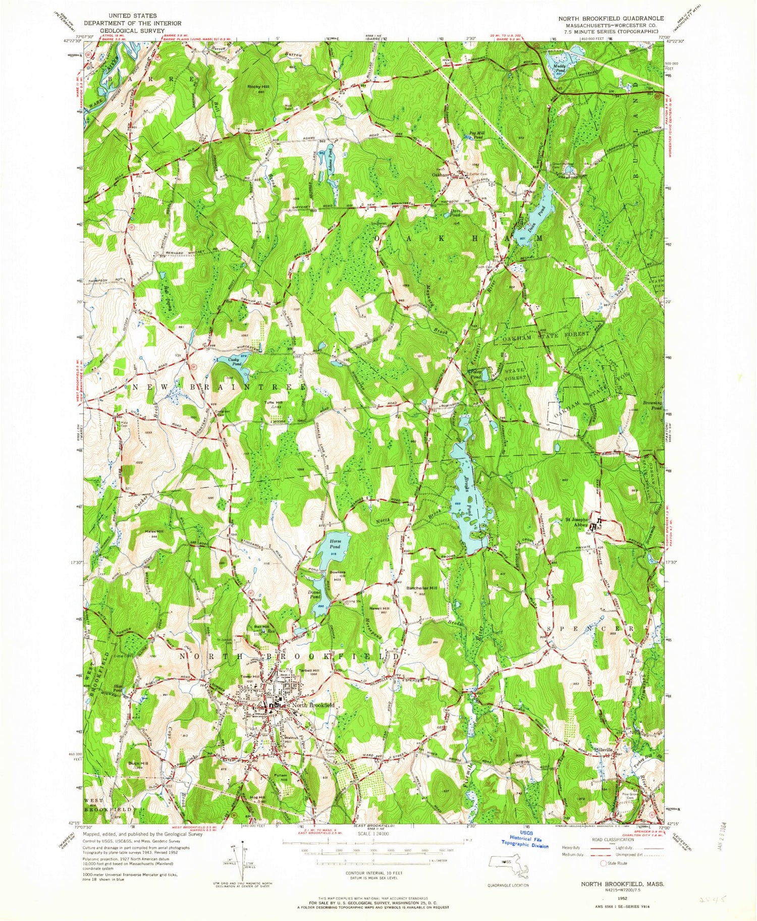 Classic USGS North Brookfield Massachusetts 7.5'x7.5' Topo Map Image