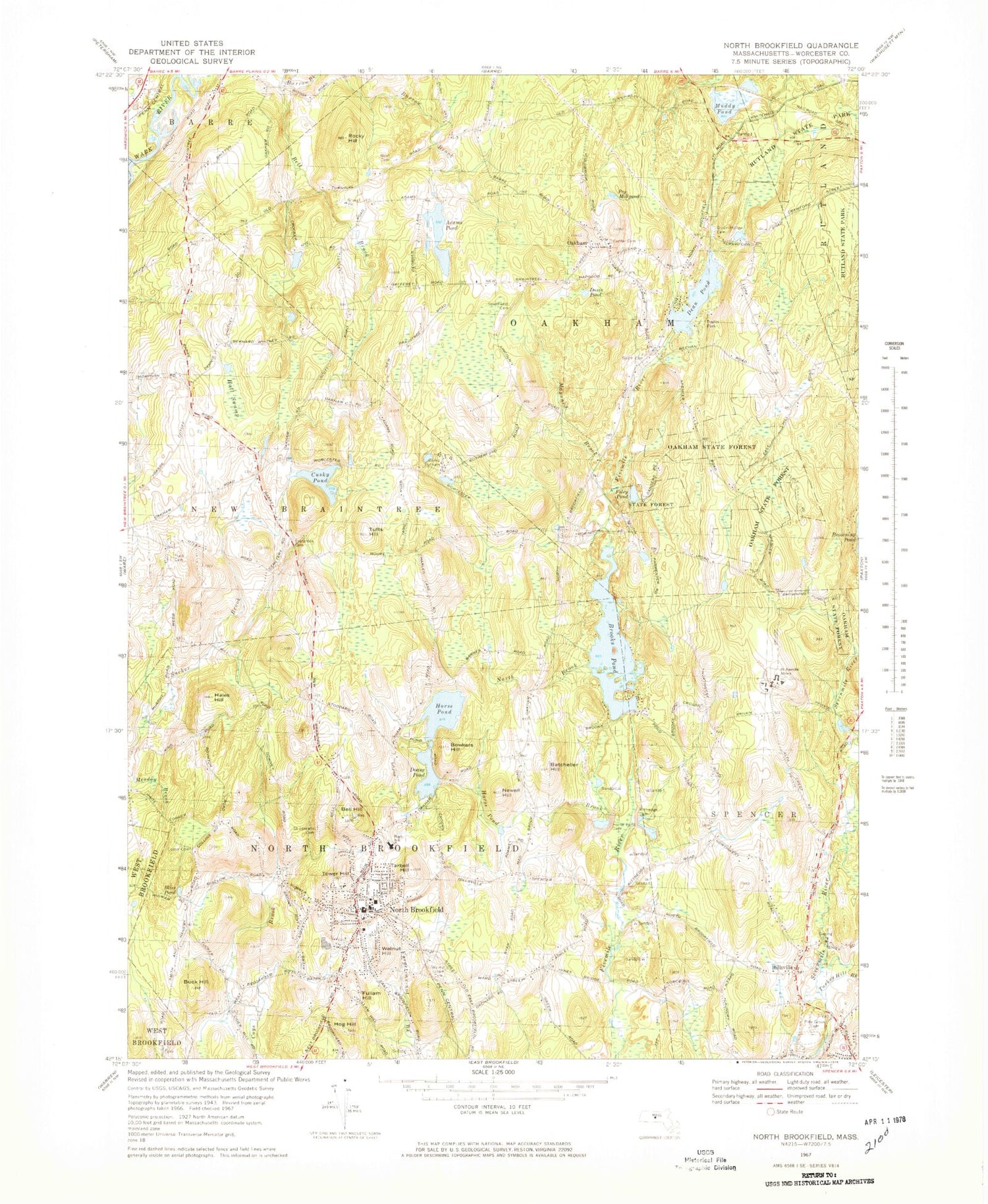Classic USGS North Brookfield Massachusetts 7.5'x7.5' Topo Map Image
