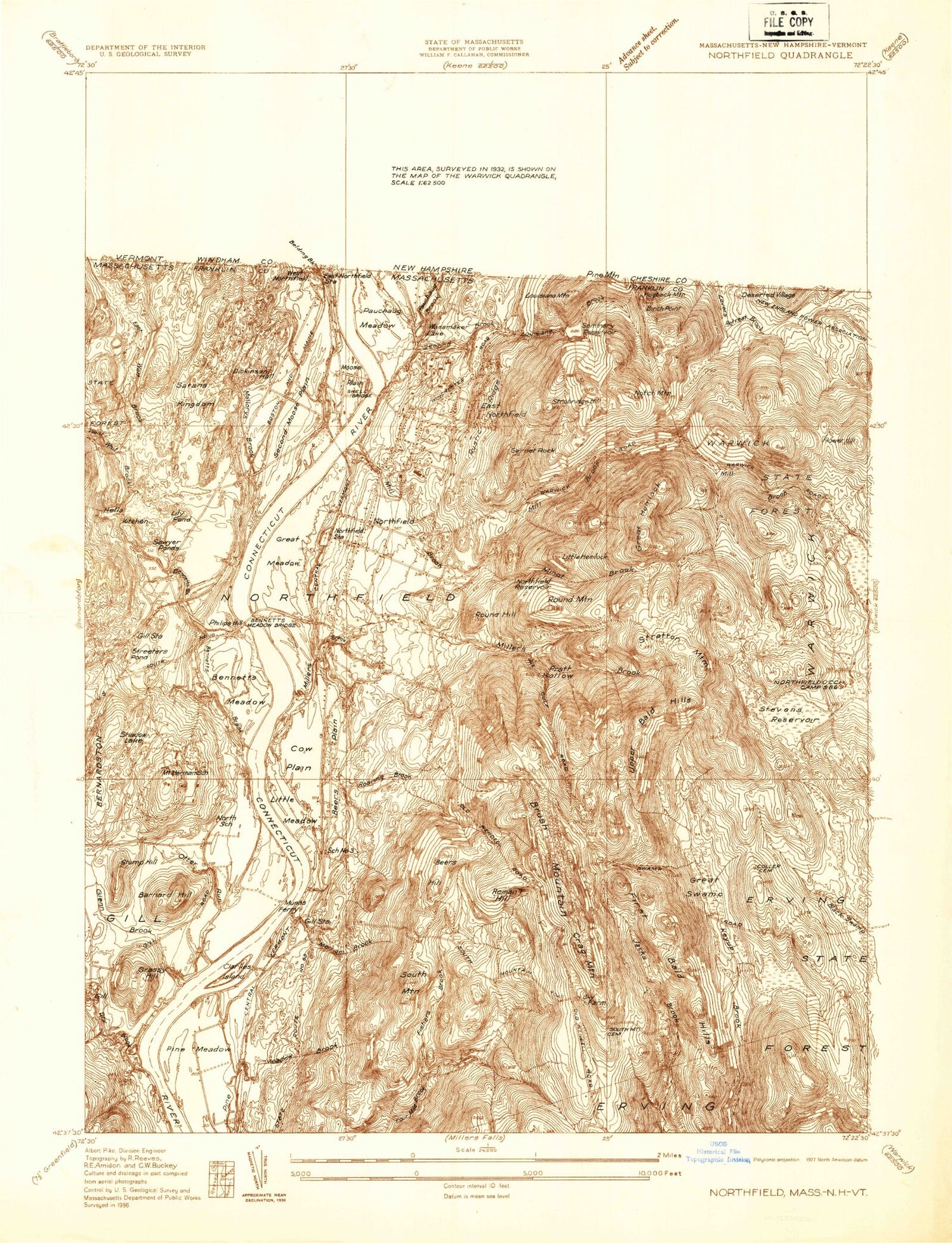 Classic USGS Northfield Massachusetts 7.5'x7.5' Topo Map Image