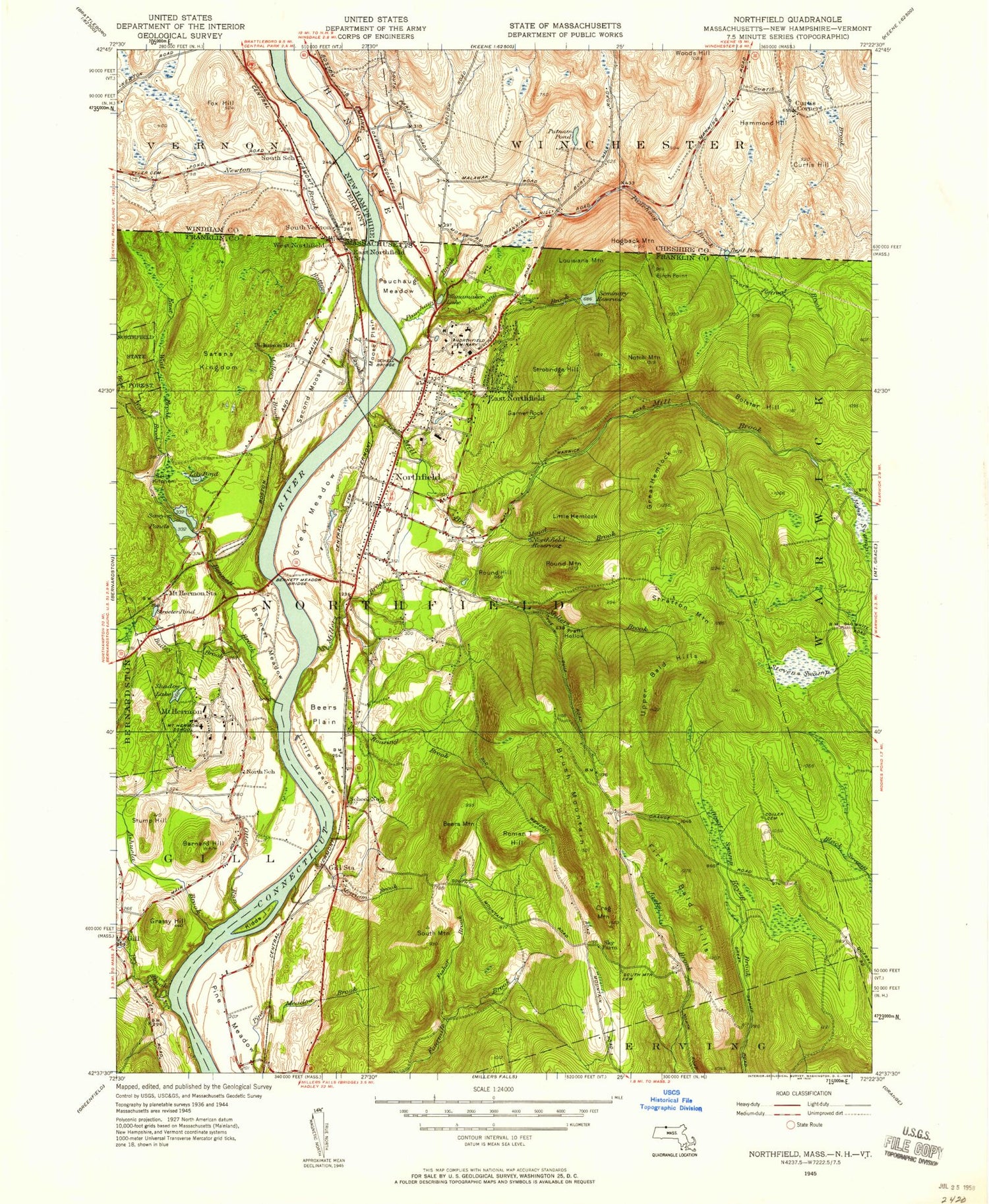 Classic USGS Northfield Massachusetts 7.5'x7.5' Topo Map Image