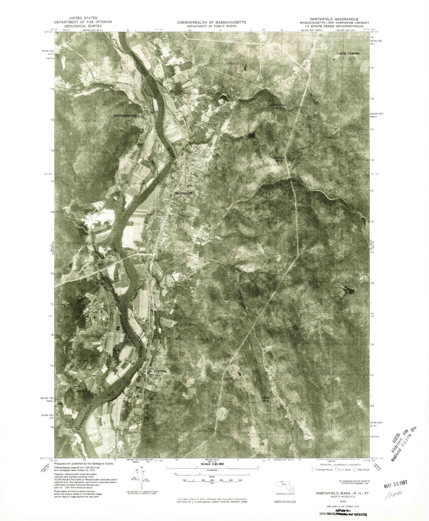 Classic USGS Northfield Massachusetts 7.5'x7.5' Topo Map Image