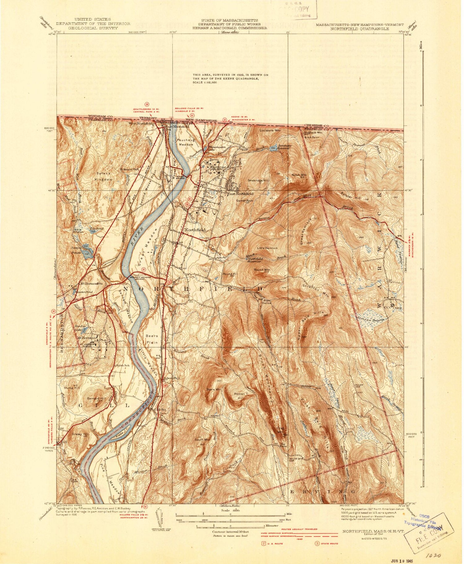 Classic USGS Northfield Massachusetts 7.5'x7.5' Topo Map Image