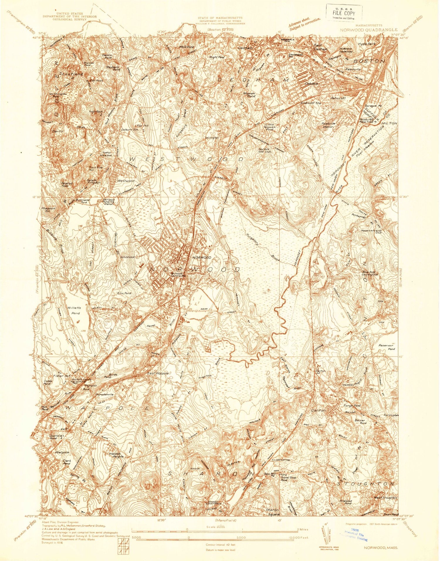 Classic USGS Norwood Massachusetts 7.5'x7.5' Topo Map Image