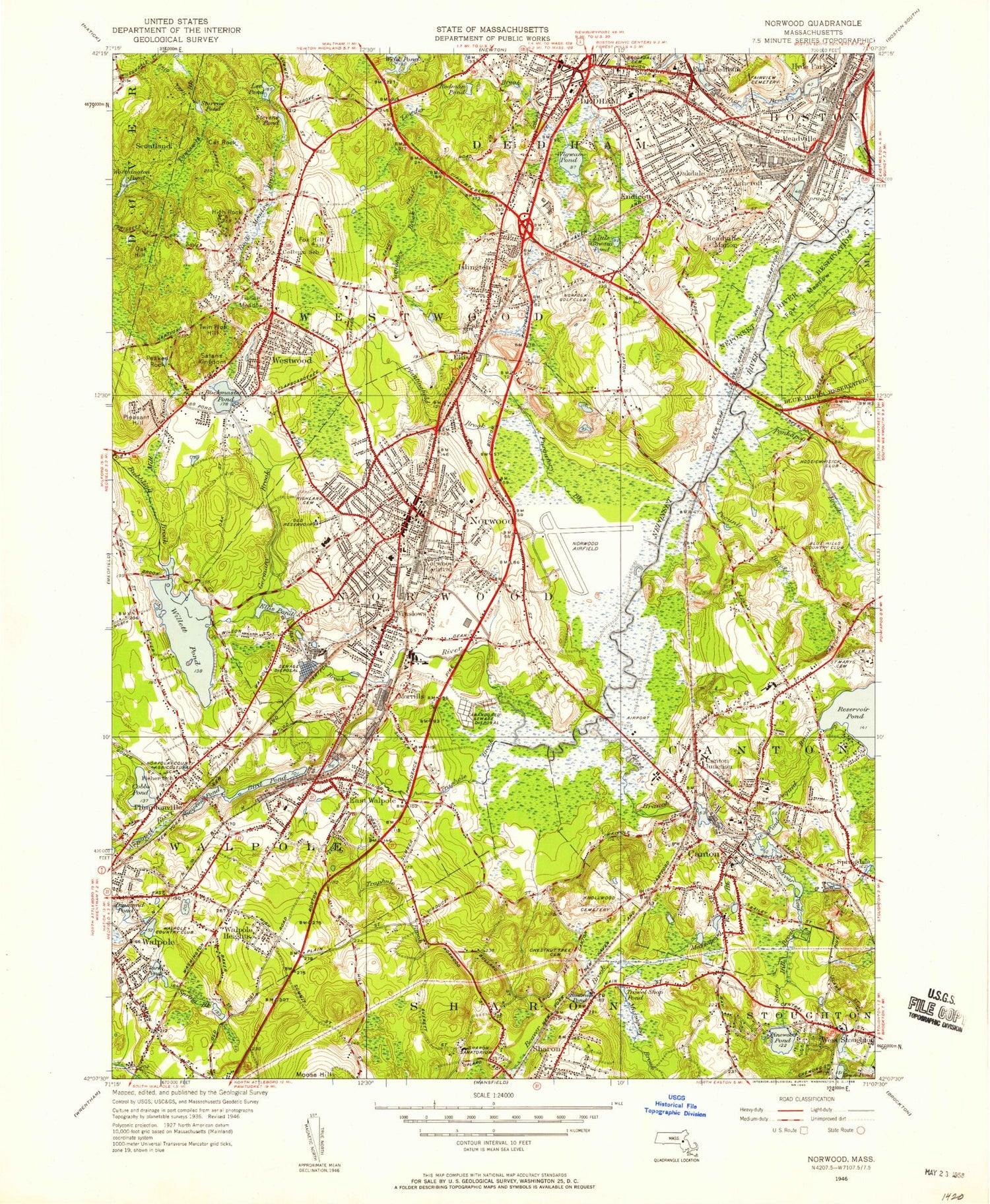 Classic USGS Norwood Massachusetts 7.5'x7.5' Topo Map Image