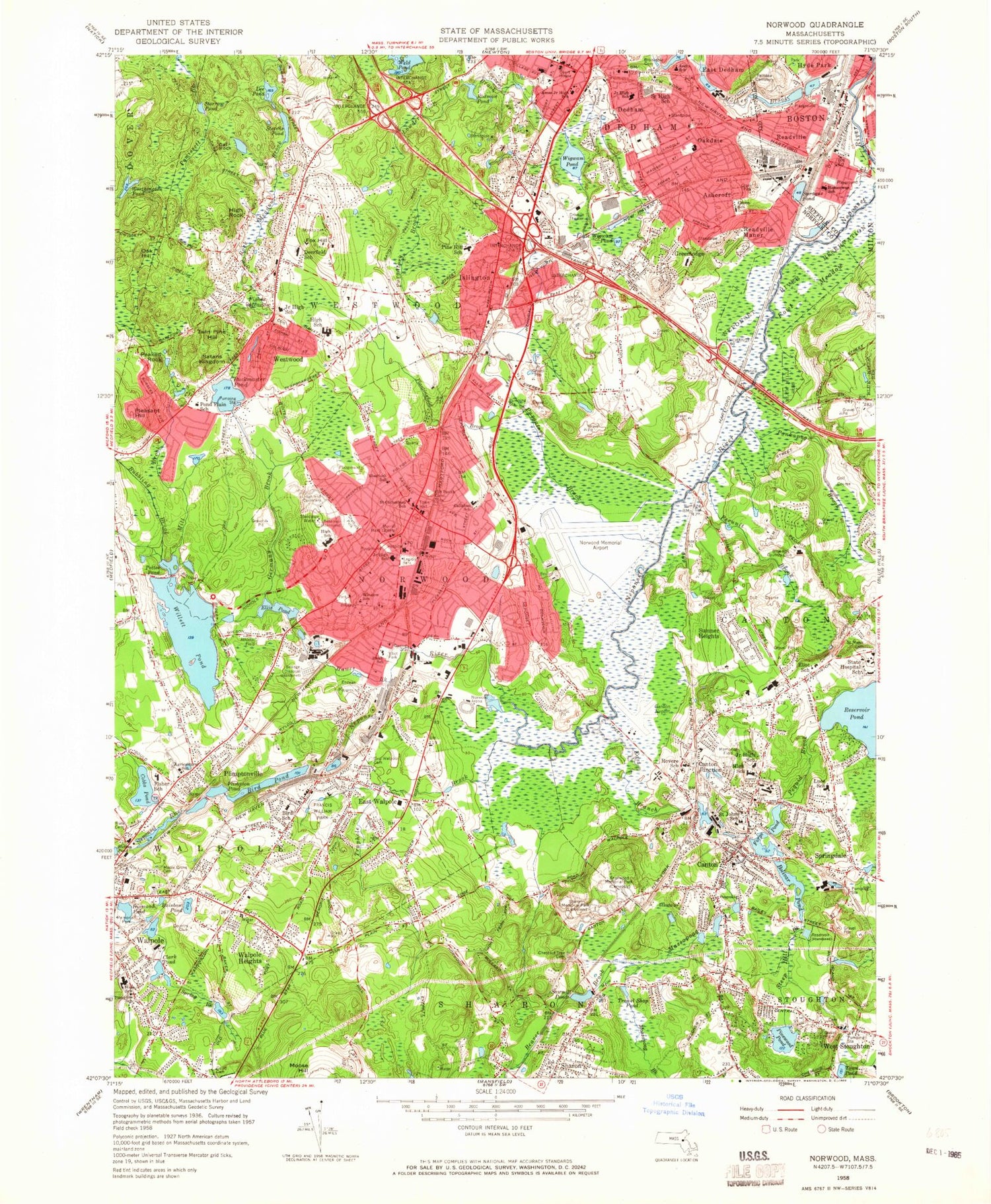 Classic USGS Norwood Massachusetts 7.5'x7.5' Topo Map Image