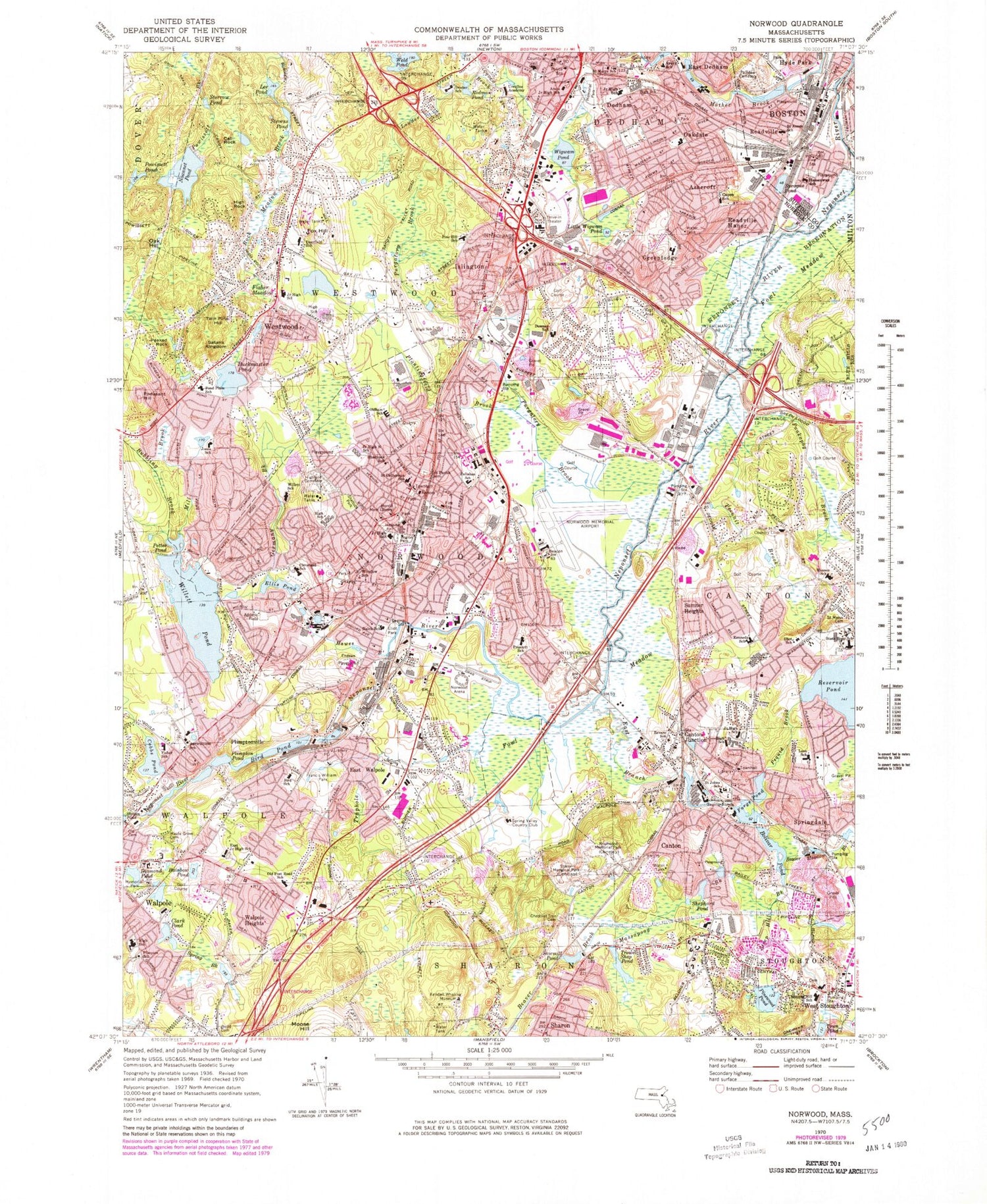 Classic USGS Norwood Massachusetts 7.5'x7.5' Topo Map Image