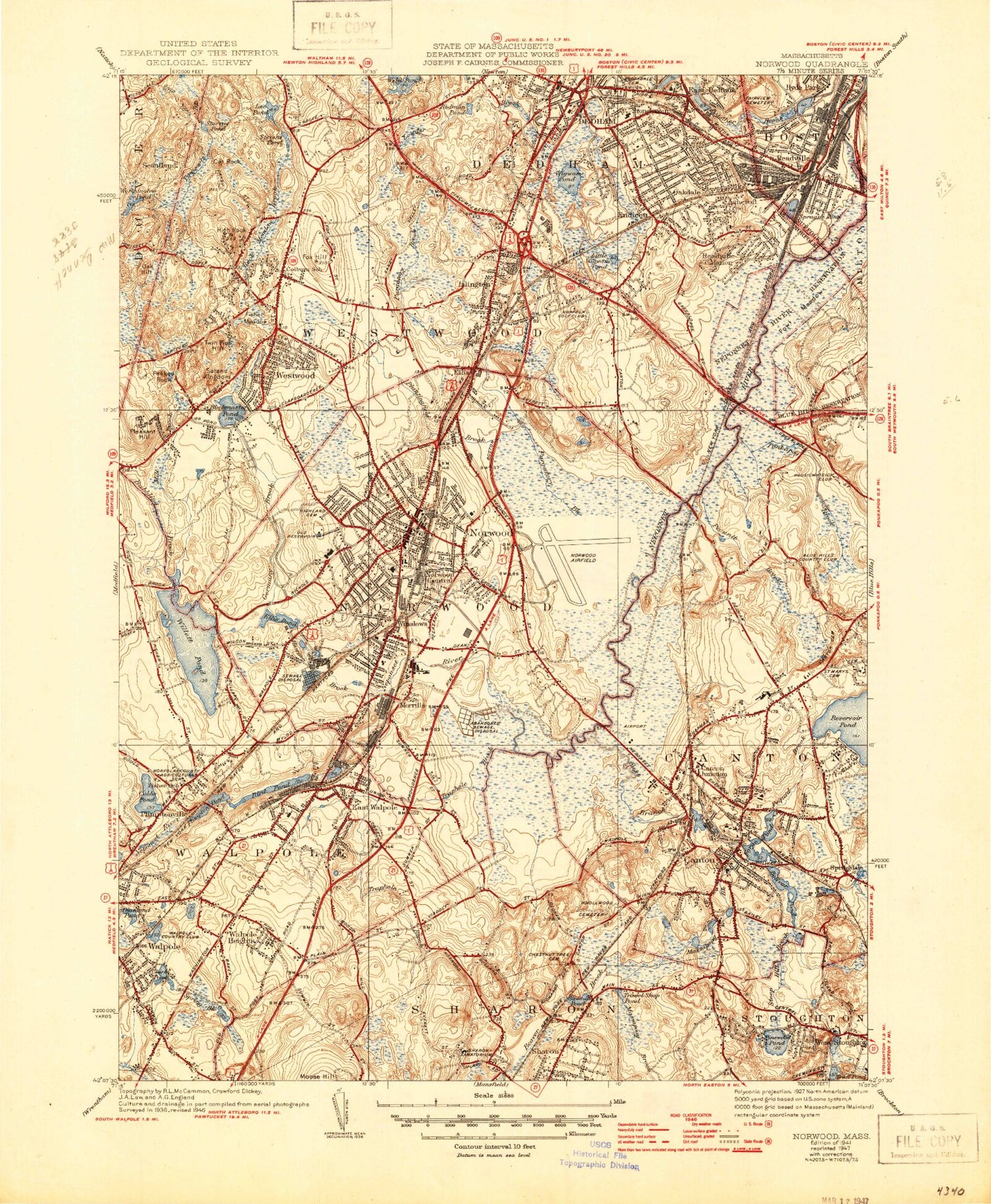 Classic USGS Norwood Massachusetts 7.5'x7.5' Topo Map Image