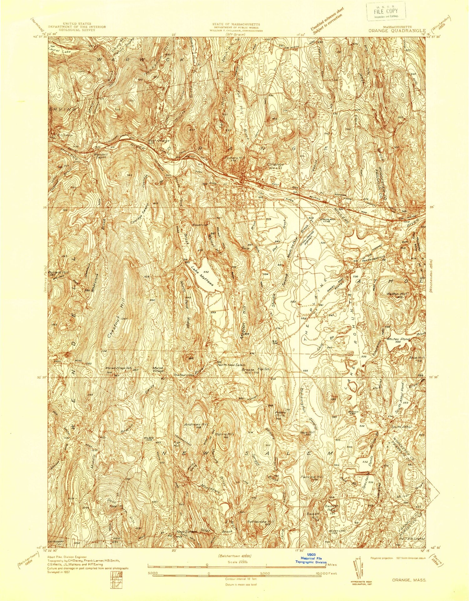 Classic USGS Orange Massachusetts 7.5'x7.5' Topo Map Image