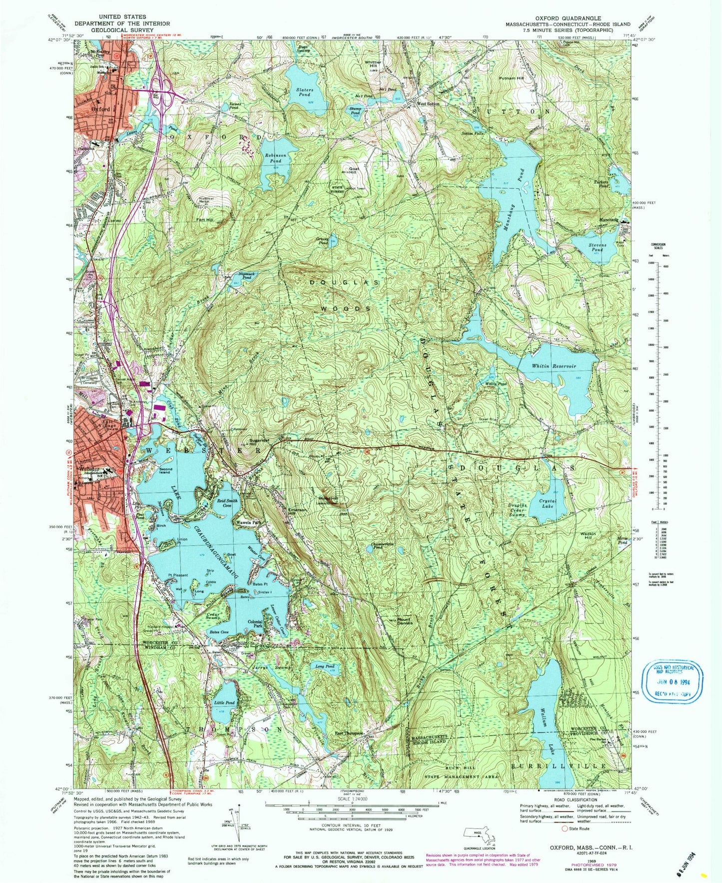 Classic USGS Oxford Massachusetts 7.5'x7.5' Topo Map Image