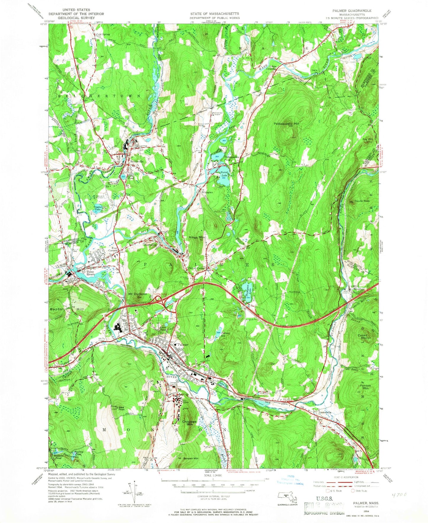 Classic USGS Palmer Massachusetts 7.5'x7.5' Topo Map Image