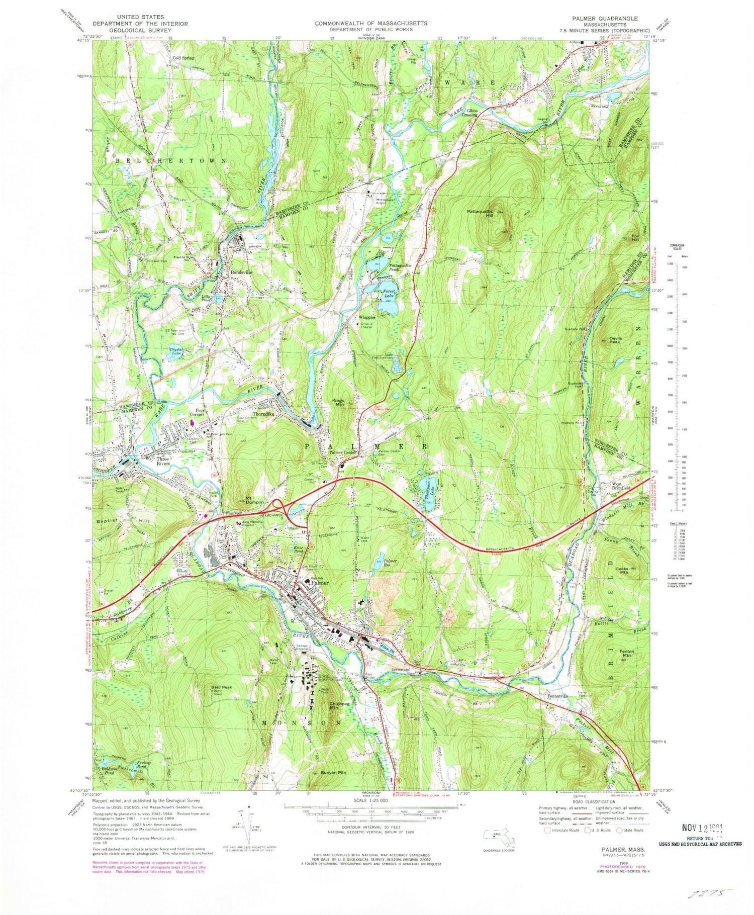 Classic USGS Palmer Massachusetts 7.5'x7.5' Topo Map Image