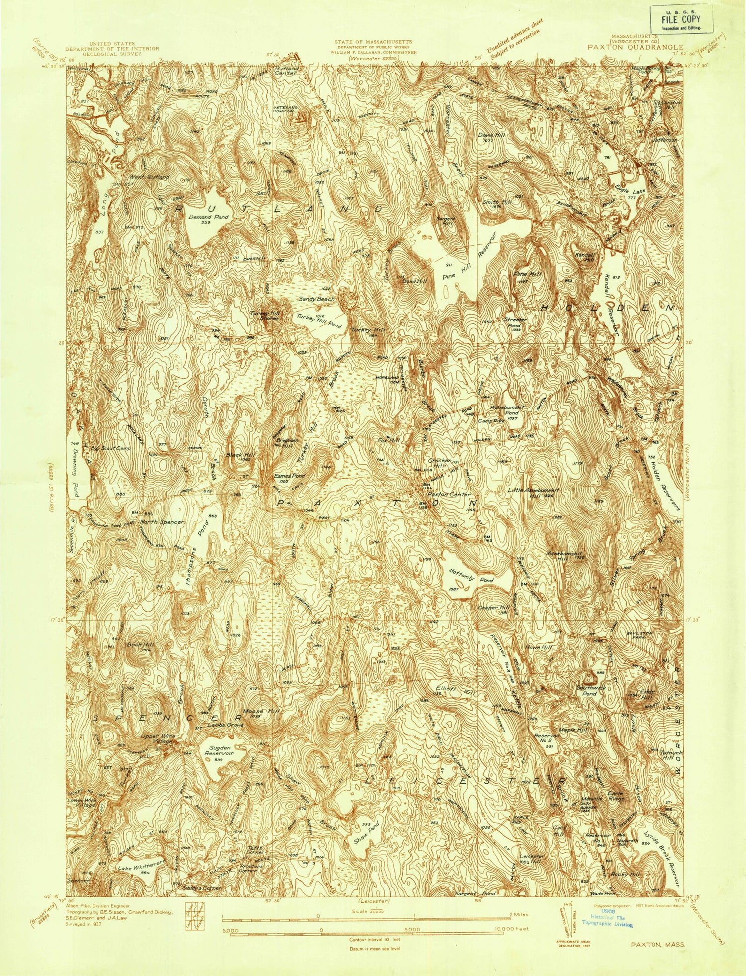Classic USGS Paxton Massachusetts 7.5'x7.5' Topo Map Image
