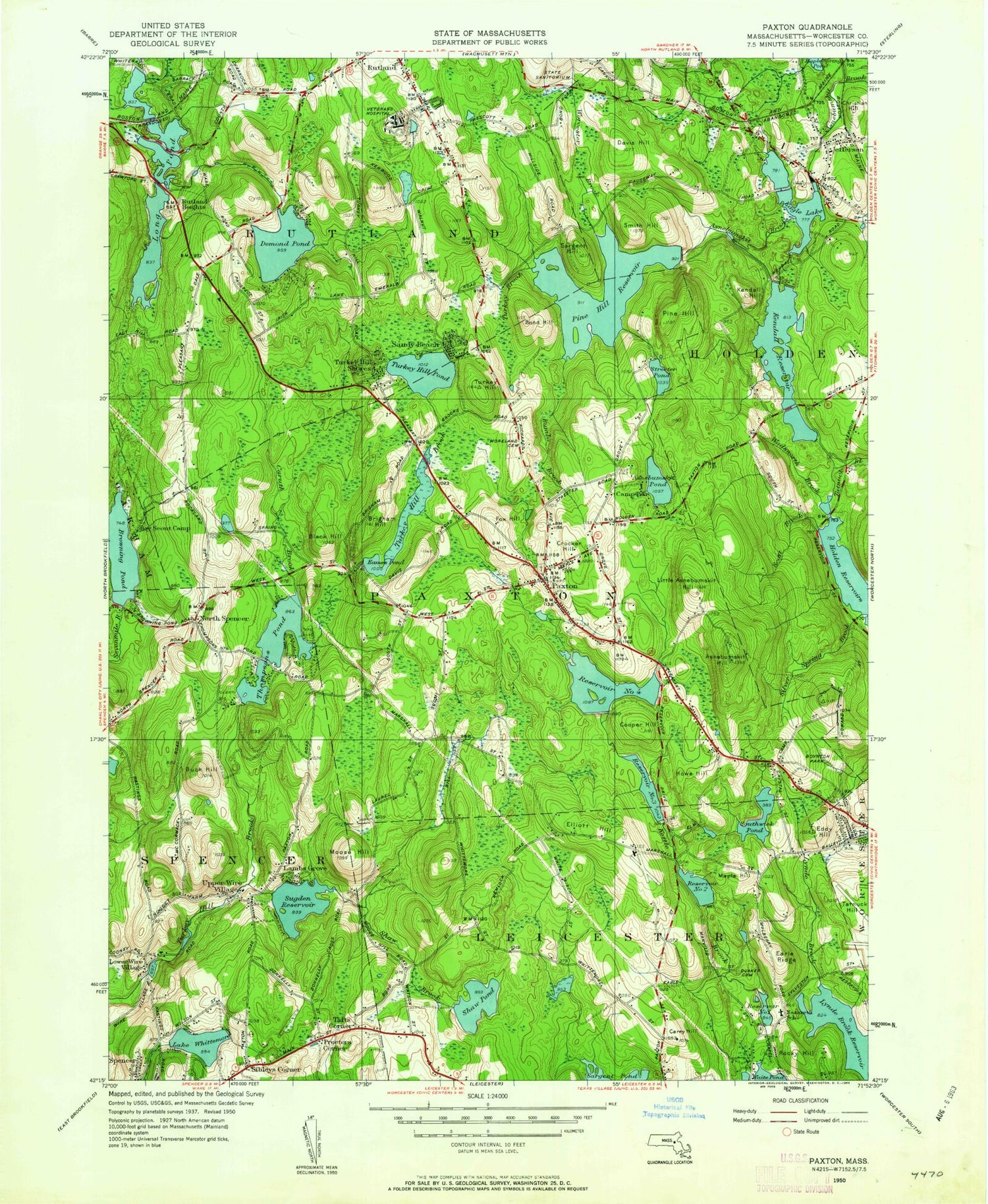 Classic USGS Paxton Massachusetts 7.5'x7.5' Topo Map Image