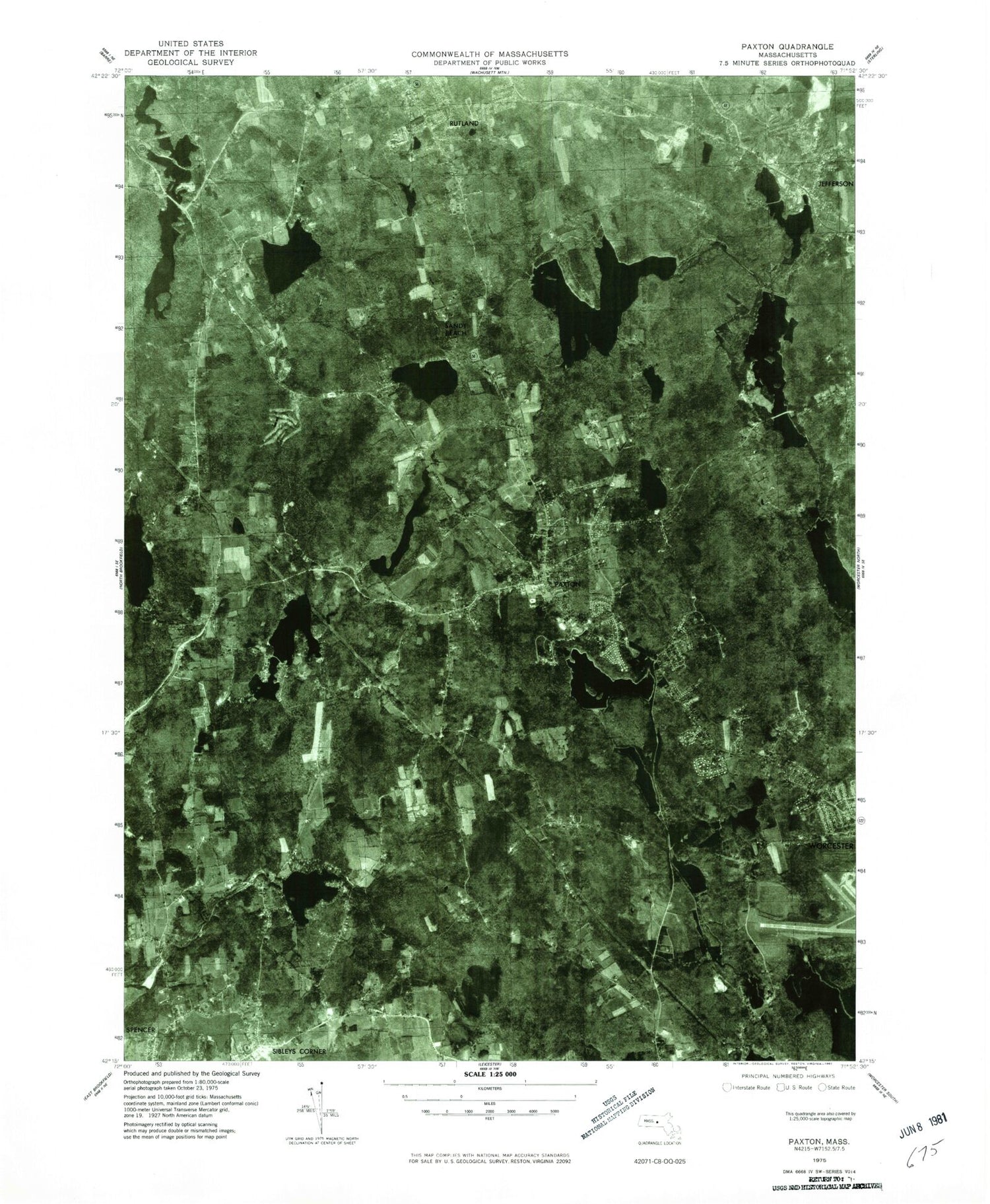 Classic USGS Paxton Massachusetts 7.5'x7.5' Topo Map Image
