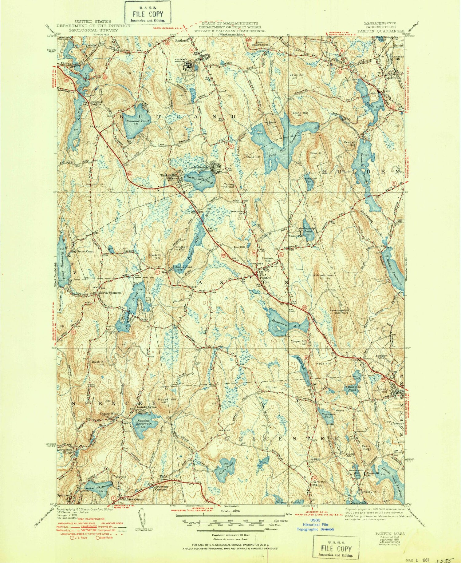 Classic USGS Paxton Massachusetts 7.5'x7.5' Topo Map Image