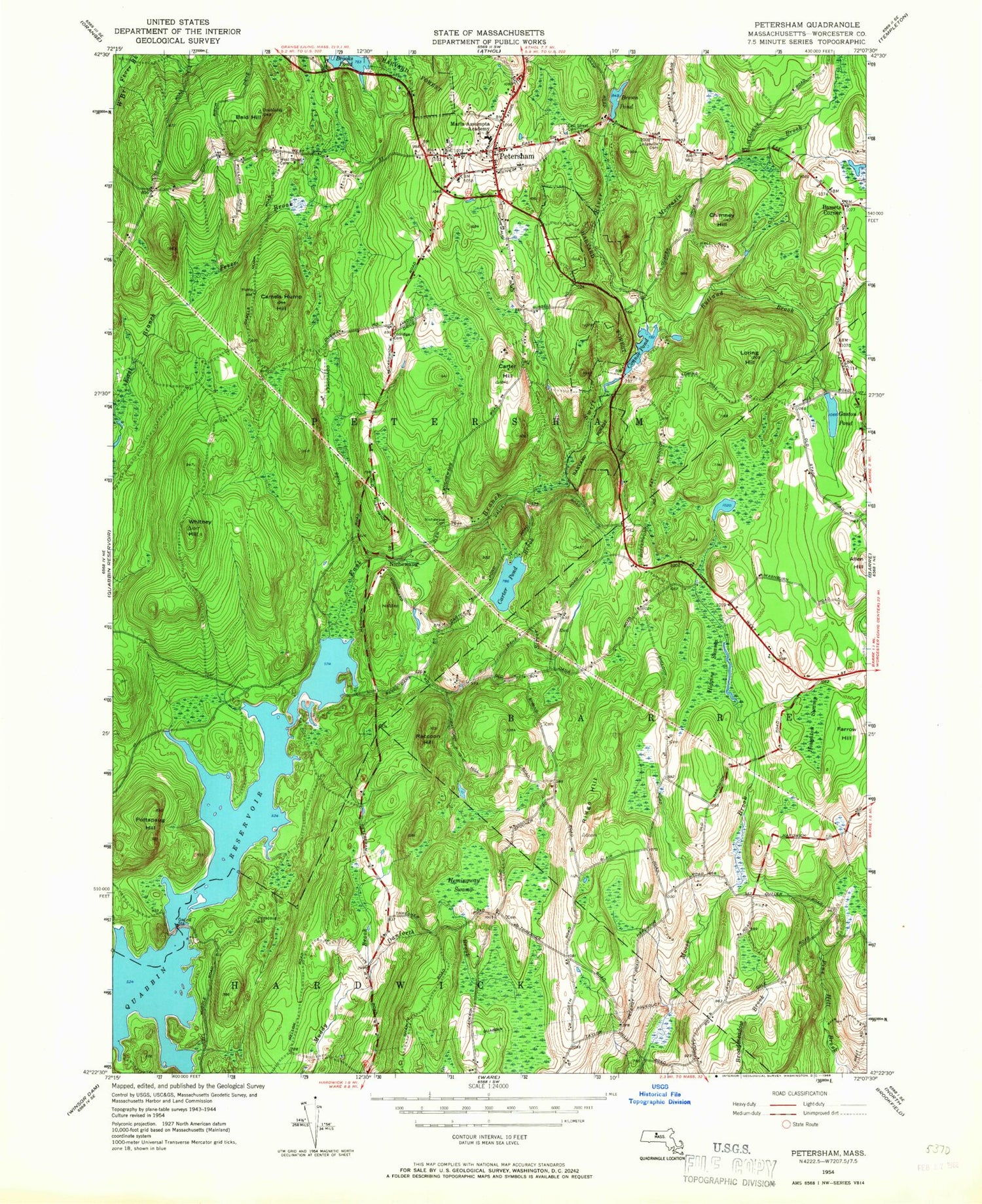 Classic USGS Petersham Massachusetts 7.5'x7.5' Topo Map Image