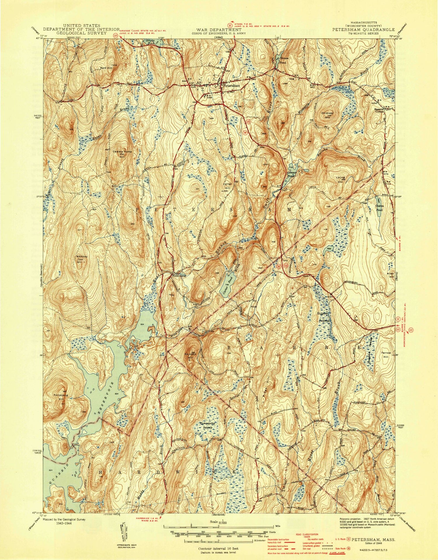 Classic USGS Petersham Massachusetts 7.5'x7.5' Topo Map Image