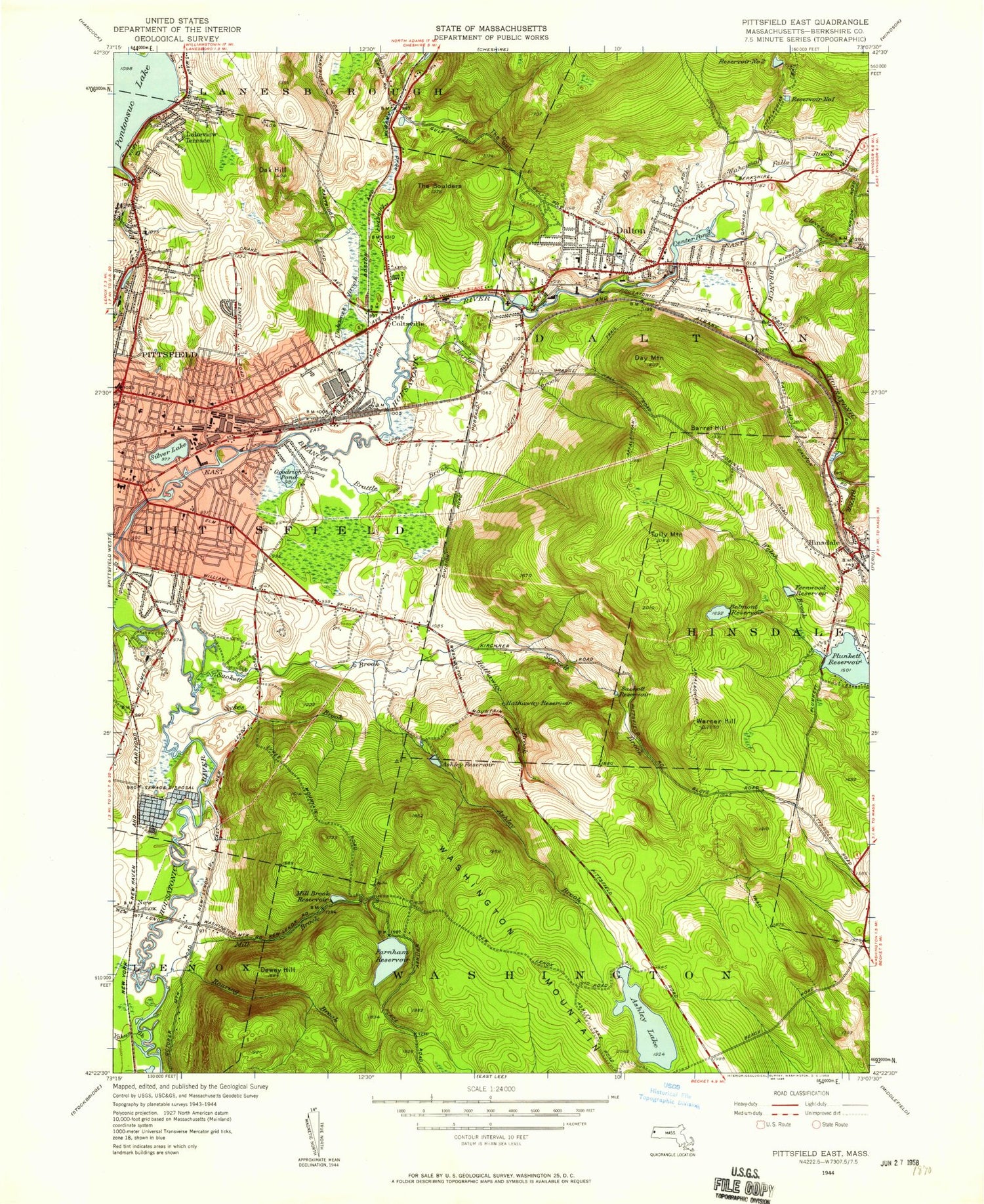 Classic USGS Pittsfield East Massachusetts 7.5'x7.5' Topo Map Image