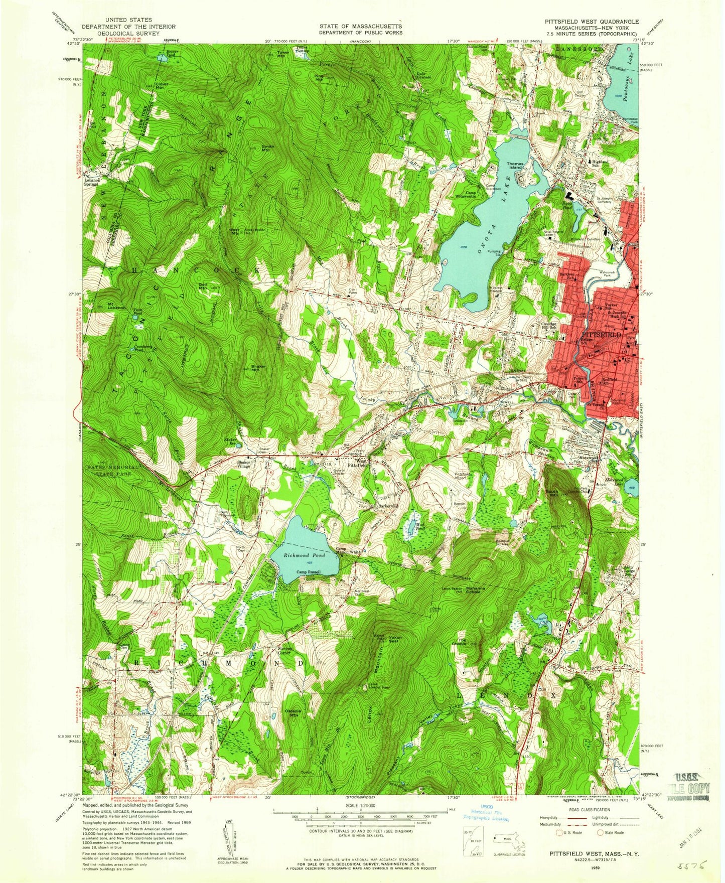 Classic USGS Pittsfield West Massachusetts 7.5'x7.5' Topo Map Image