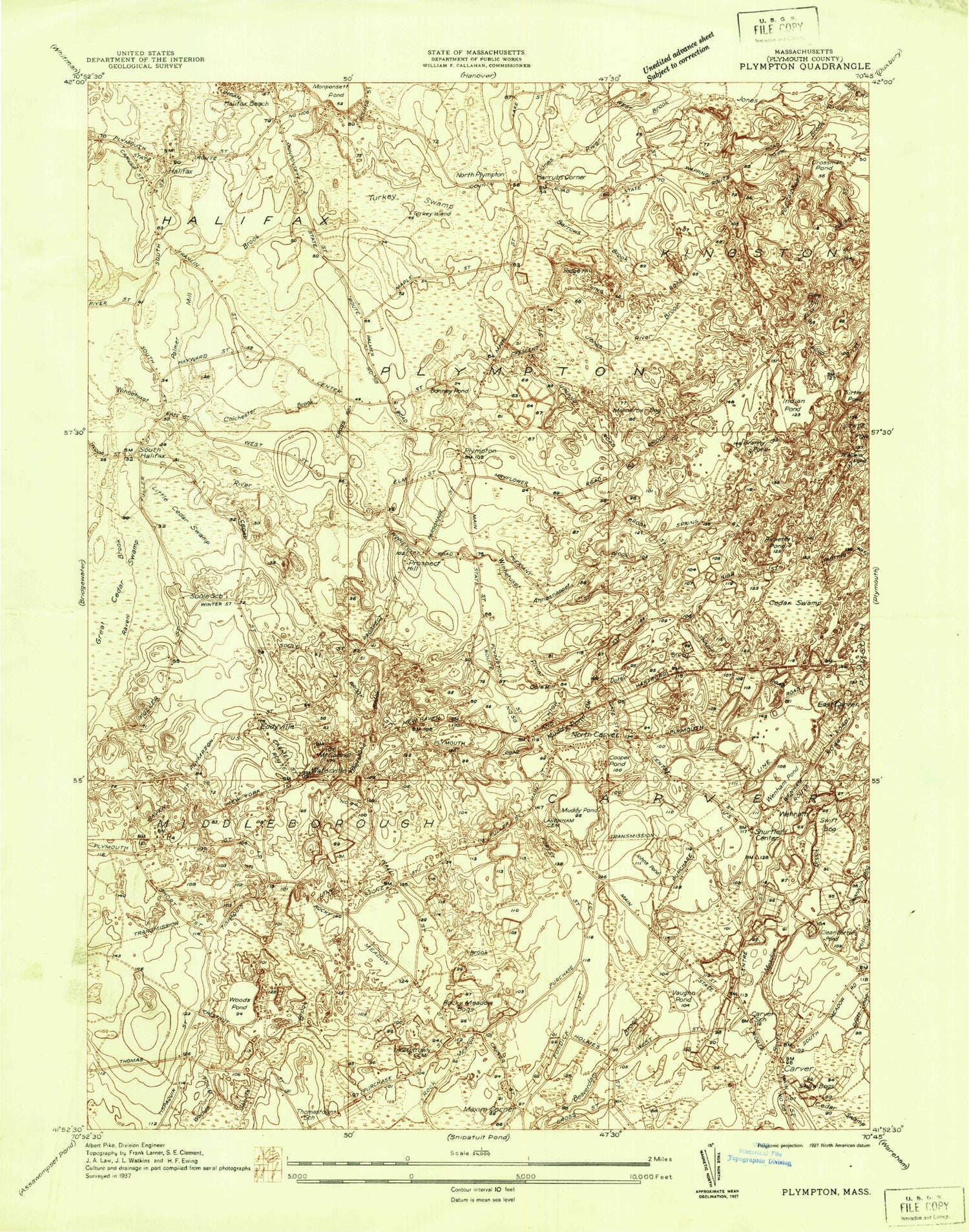 Classic USGS Plympton Massachusetts 7.5'x7.5' Topo Map Image
