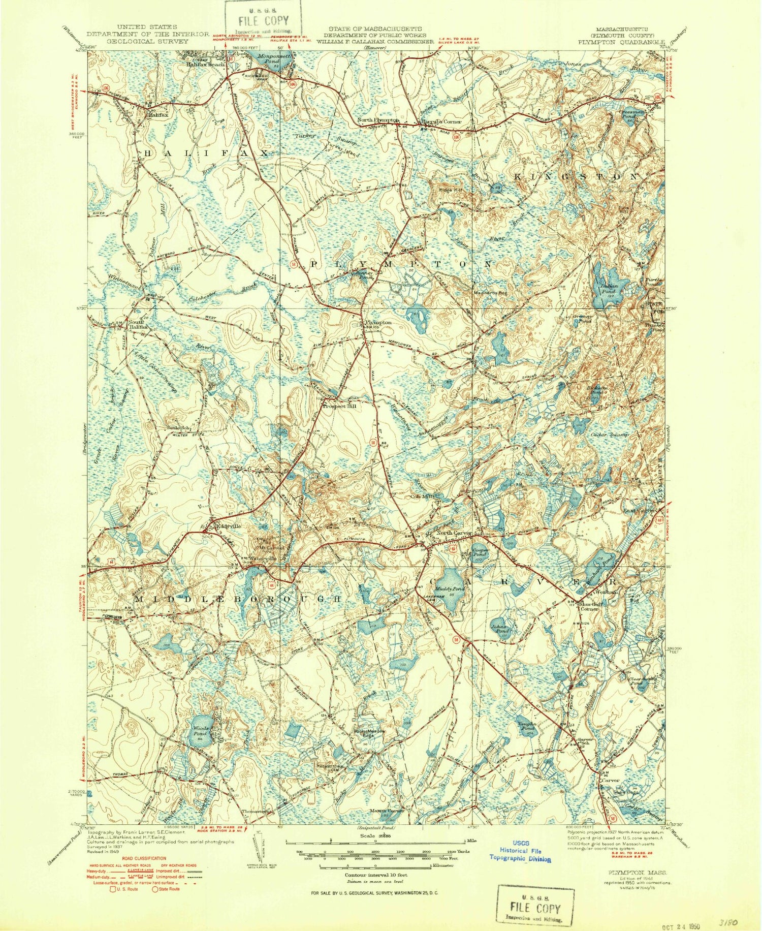 Classic USGS Plympton Massachusetts 7.5'x7.5' Topo Map Image