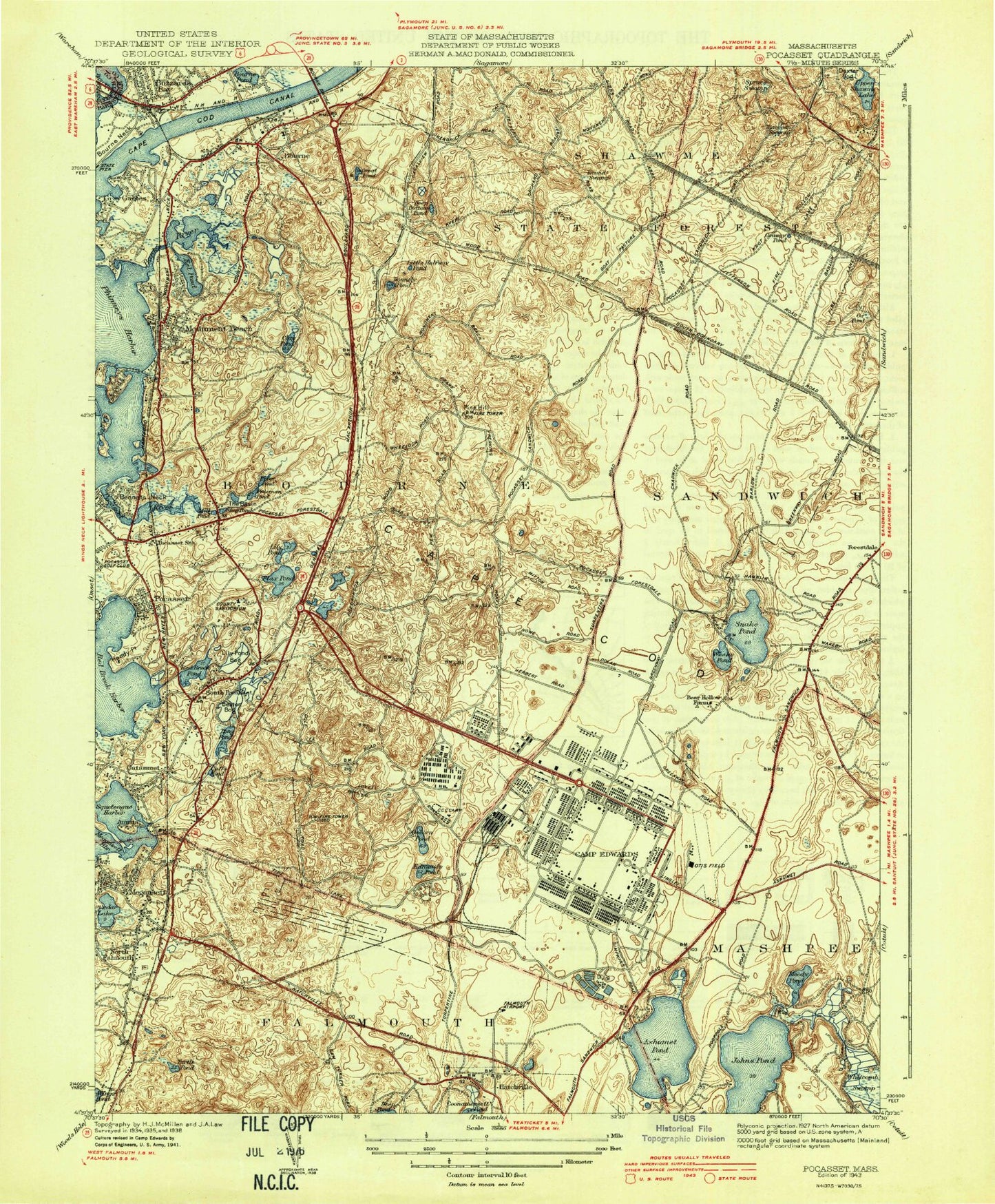 Classic USGS Pocasset Massachusetts 7.5'x7.5' Topo Map Image