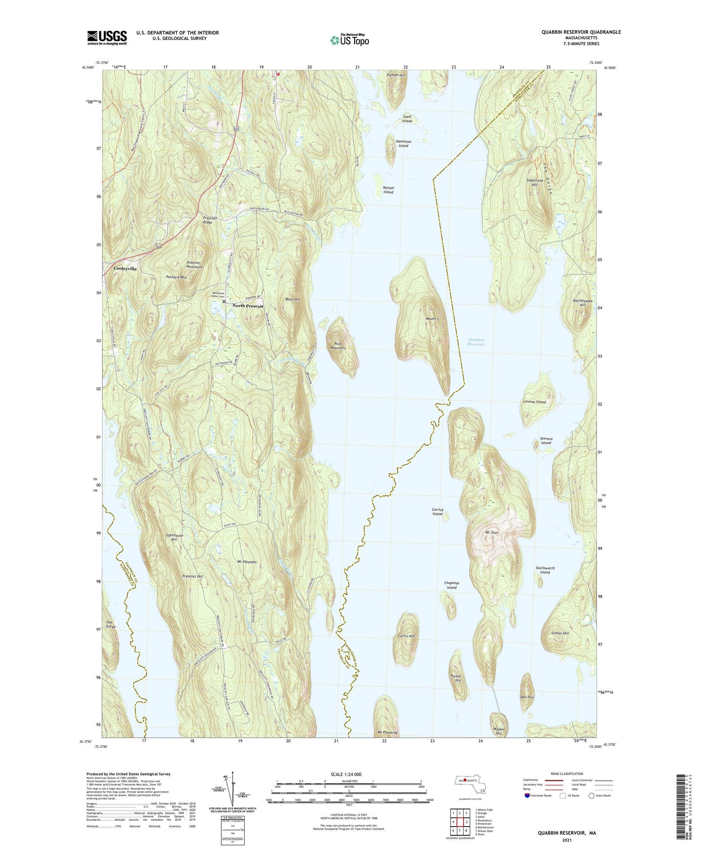 Quabbin Reservoir Massachusetts US Topo Map Image