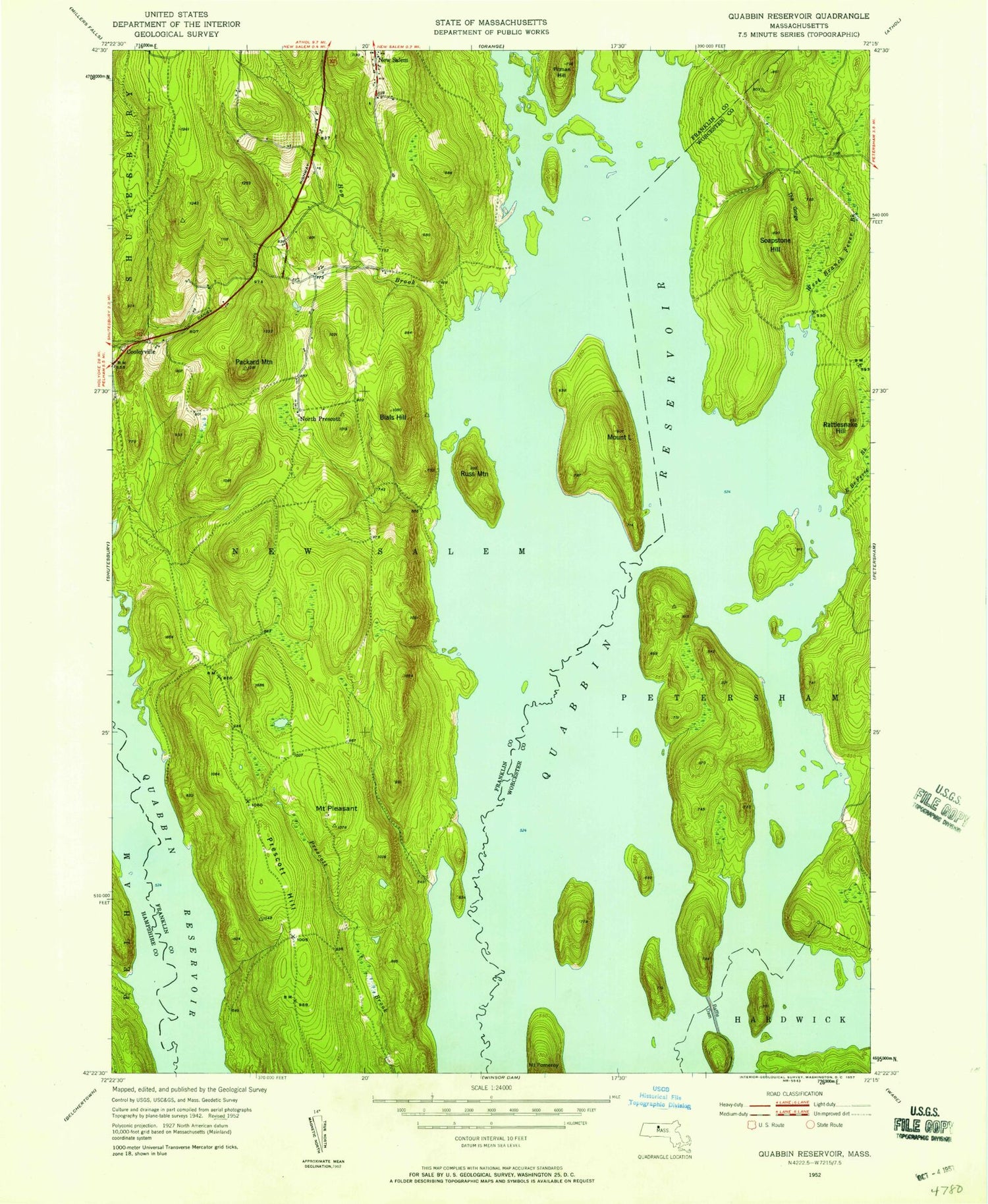 Classic USGS Quabbin Reservoir Massachusetts 7.5'x7.5' Topo Map Image